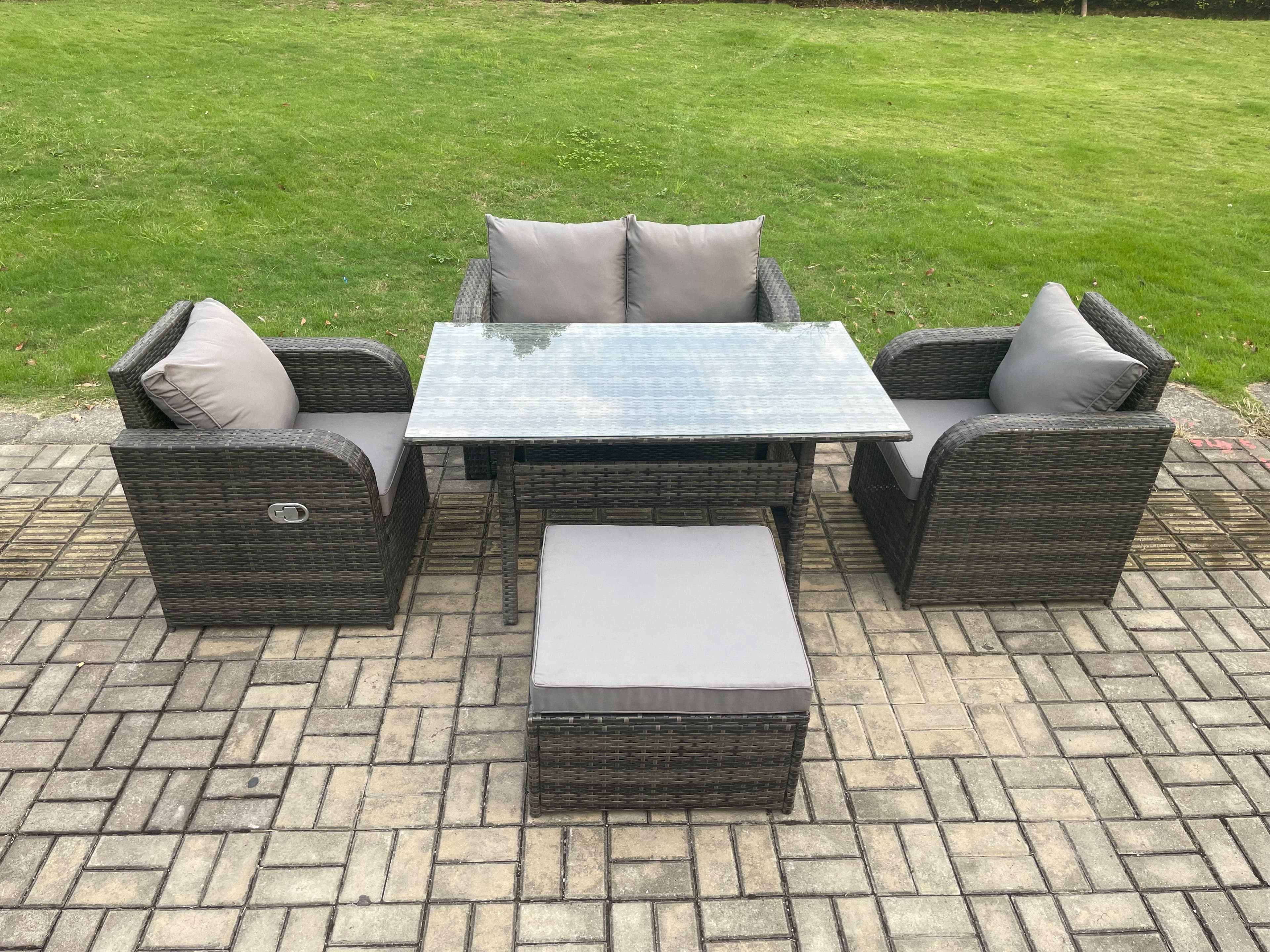 Outdoor Rattan Garden Furniture Lounge Sofa Set Rectangular Dining Table 2 PC Reclining Chair Footstool