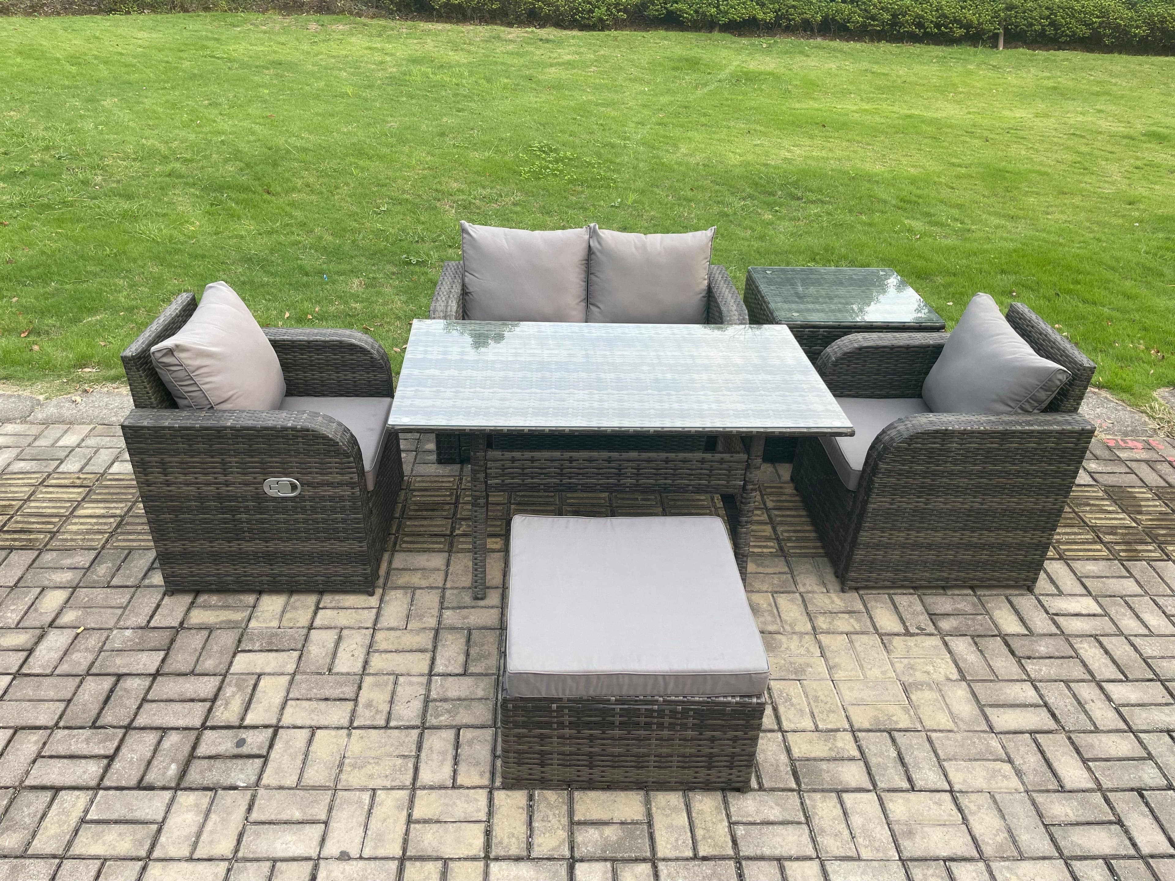 Outdoor Rattan Garden Furniture Lounge Sofa Set Oblong Dining Table 2 PC Reclining Chair Side Table