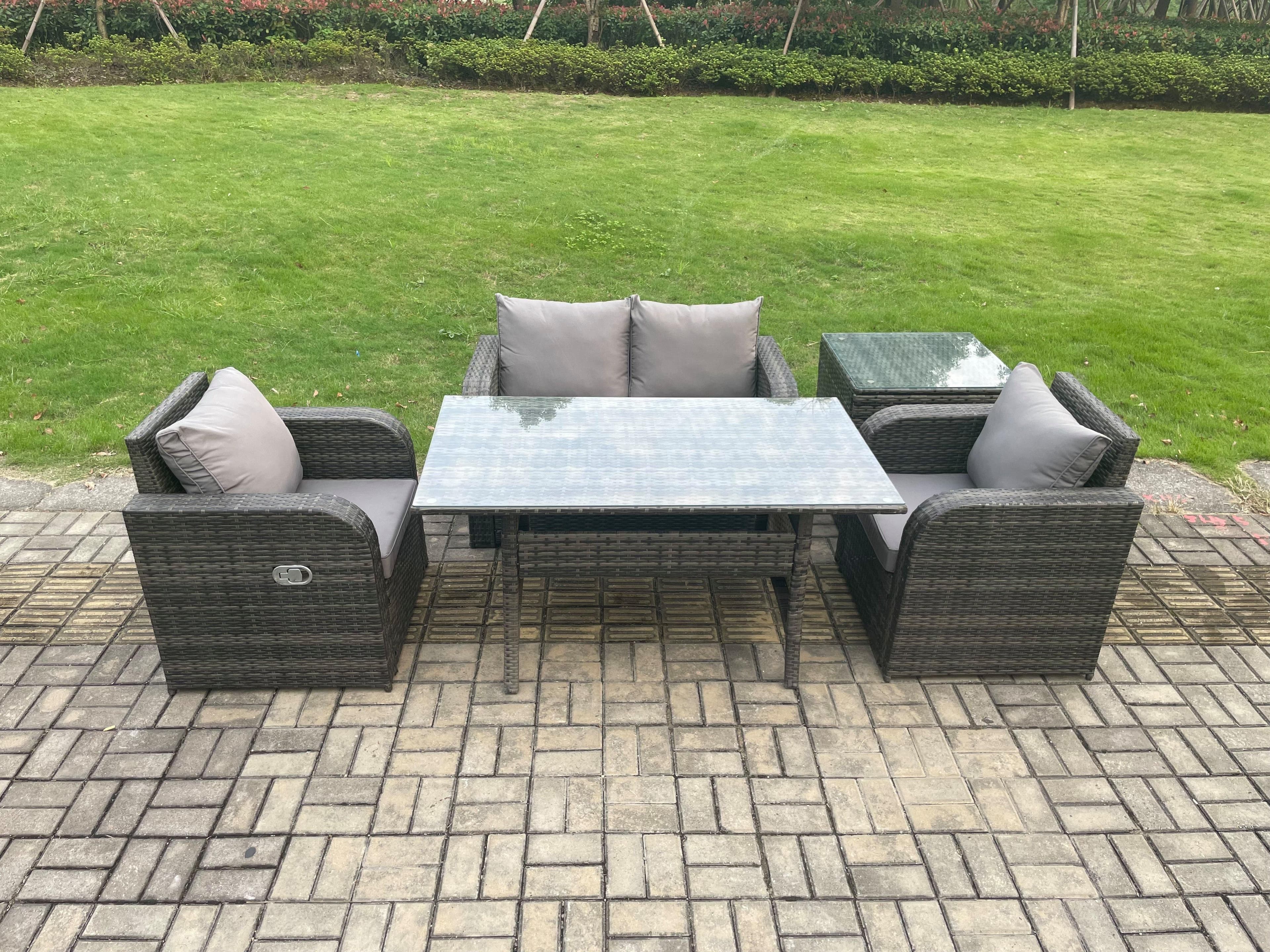 Outdoor Rattan Garden Furniture Lounge Sofa Set Oblong Rectangular Dining Table 2 PC Reclining Chair