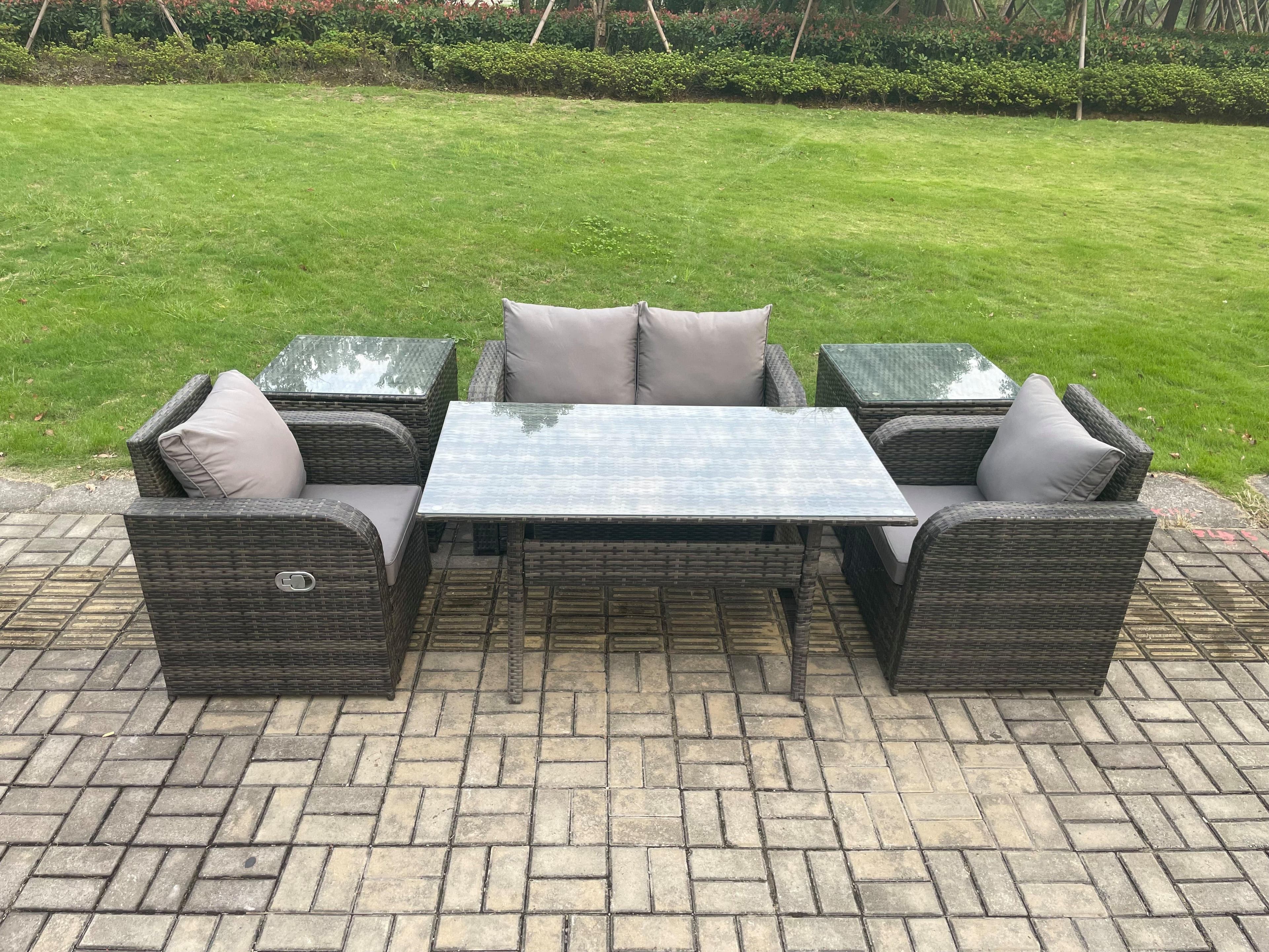 Outdoor Rattan Garden Furniture Lounge Sofa Set Oblong Rectangular Dining Table 2 PC Side Tables