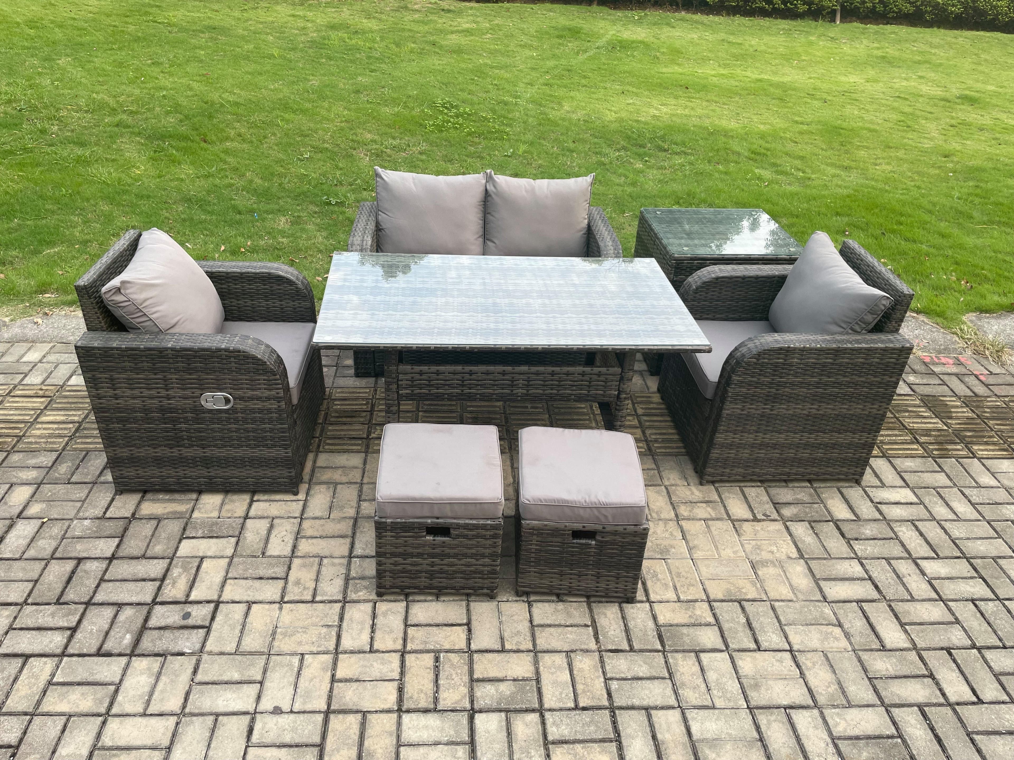 Outdoor Rattan Garden Furniture Lounge Sofa Set Oblong Rectangular Dining Table 2 Small Footstool