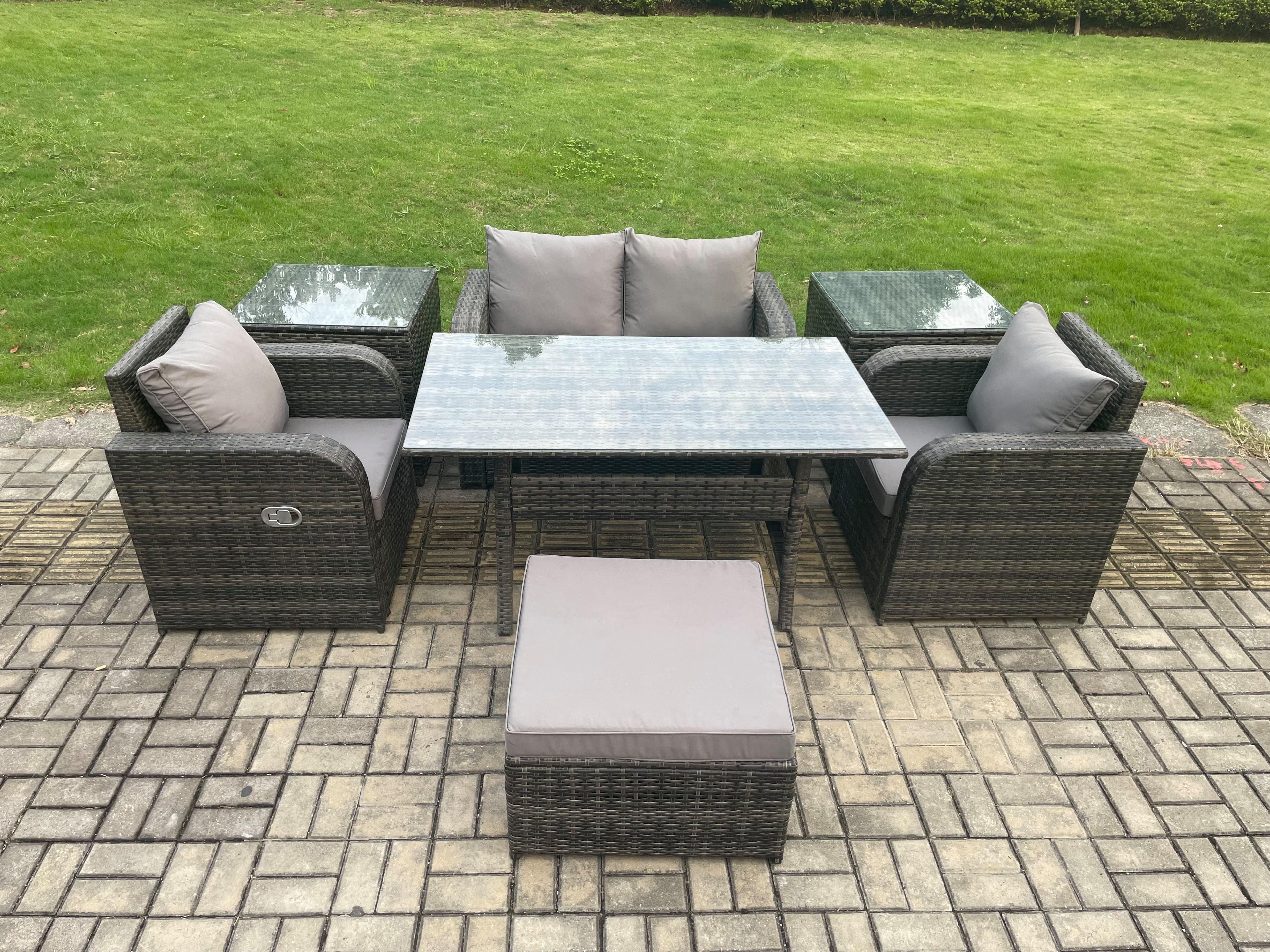 Outdoor Rattan Garden Furniture Lounge Sofa Set Oblong Rectangular Dining Table 2 Reclining Chair