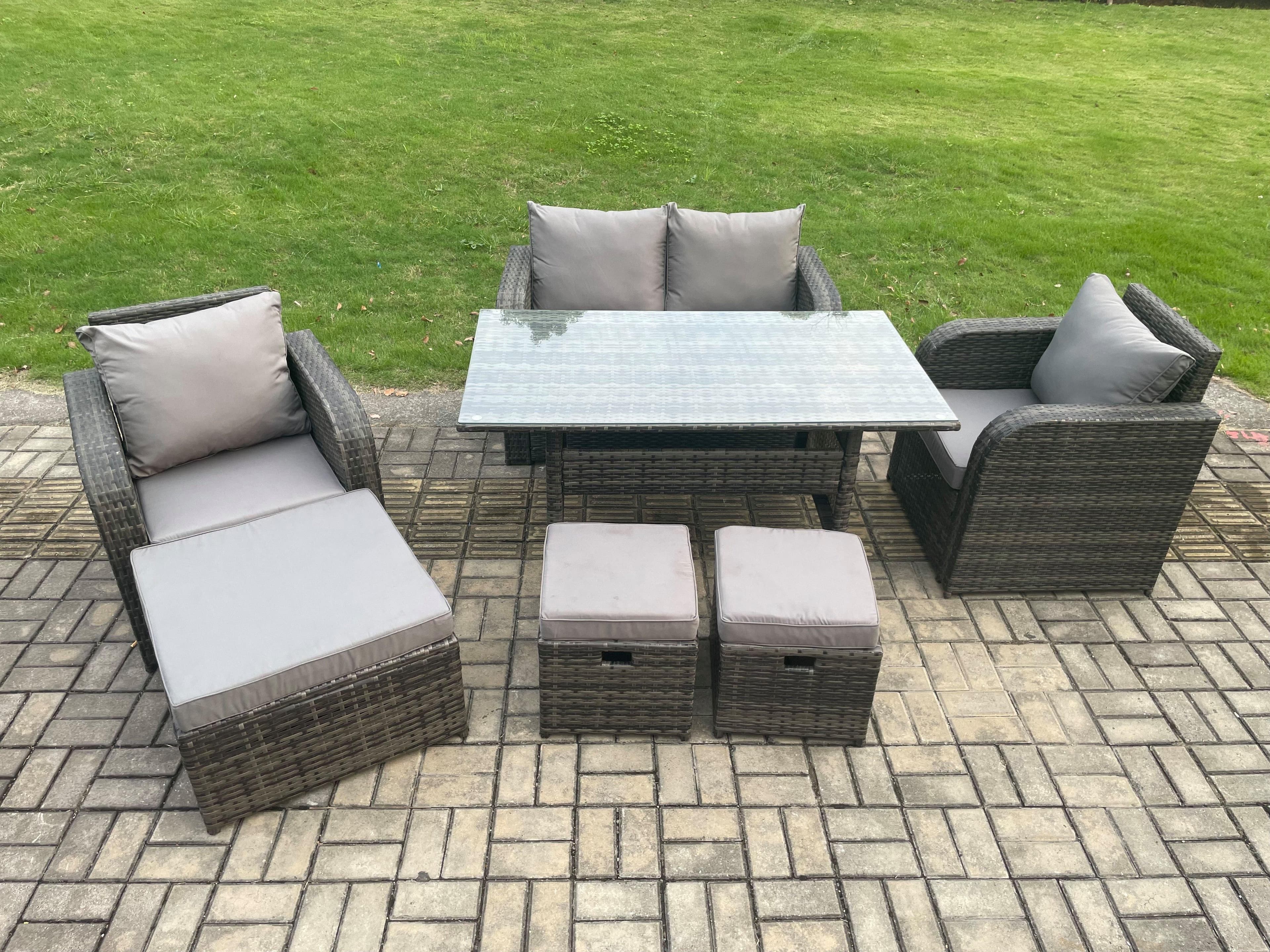 Rattan Outdoor Garden Furniture Set Rectangular Dining Table Chair Sofa Set 3 Footstools