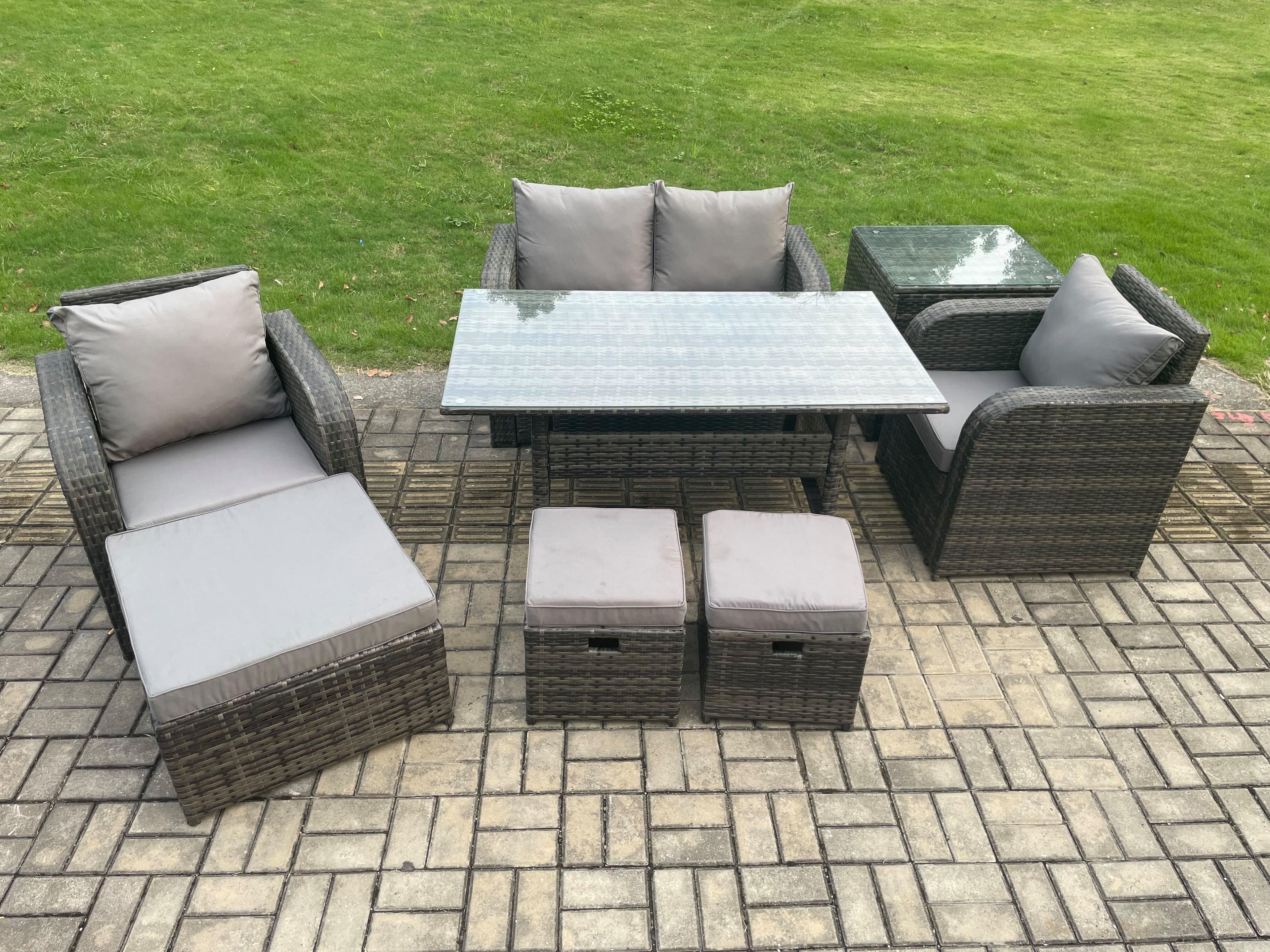 Rattan Outdoor Garden Furniture Set Rectangular Dining Table Chair Sofa Set Side Table 3 Footstools