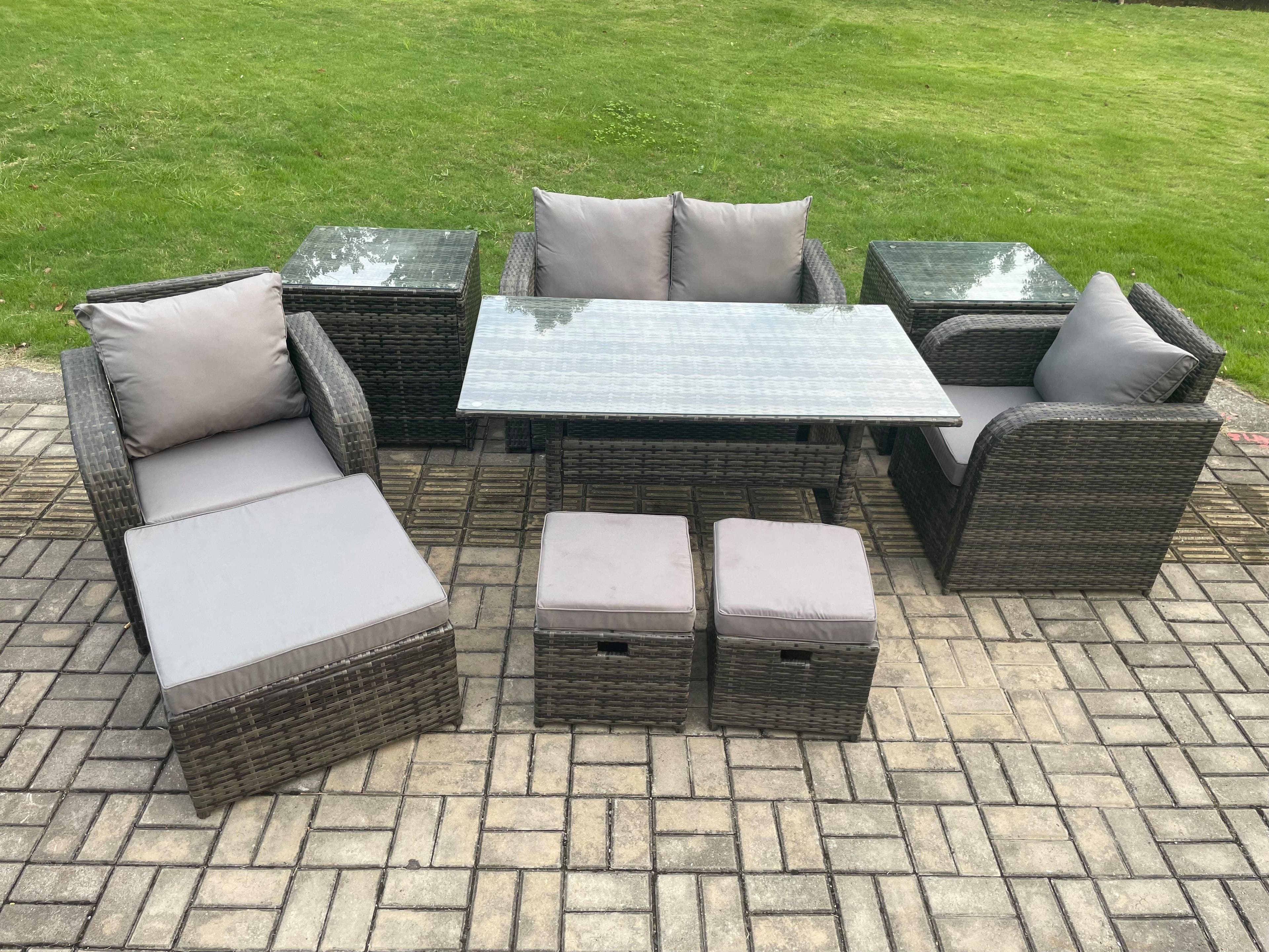 Rattan Outdoor Garden Furniture Set Rectangular Dining Table Chair Sofa Set 2 Side Tables 3 Footstool