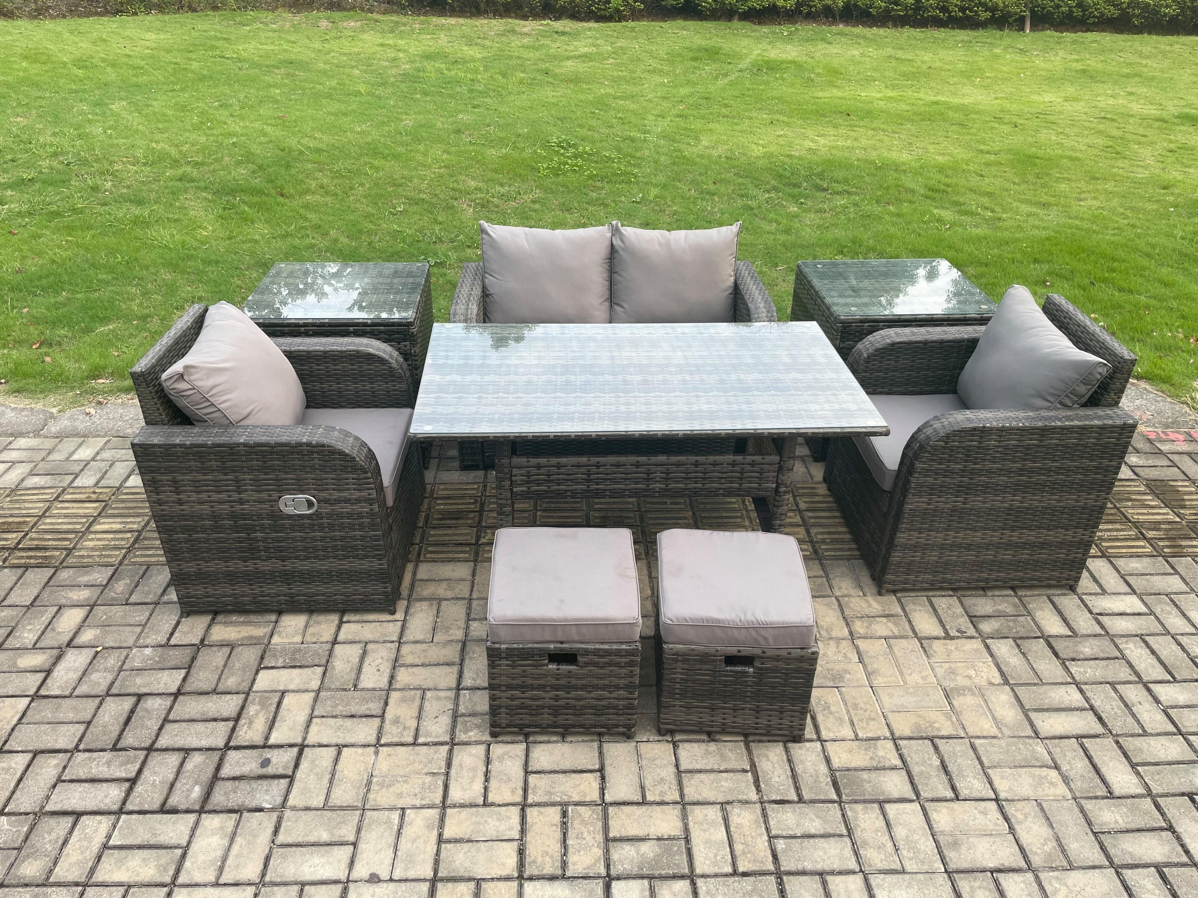 Rattan Outdoor Garden Furniture Set Rectangular Dining Table Chair Sofa Set 2 Side Tables