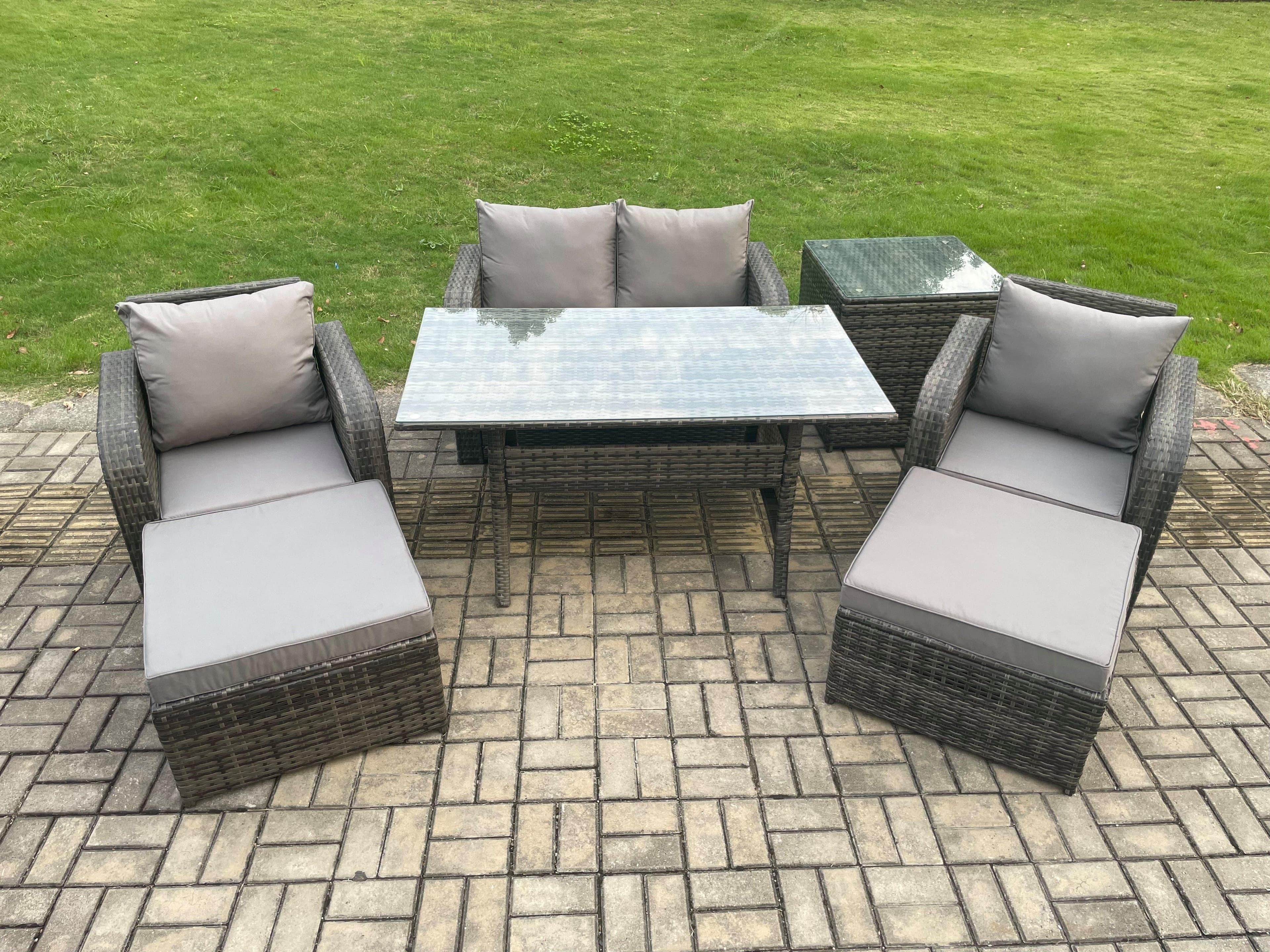 Rattan Outdoor Garden Furniture Set Rectangular Dining Table Chair Sofa Set Side Table 2 Big Footstool