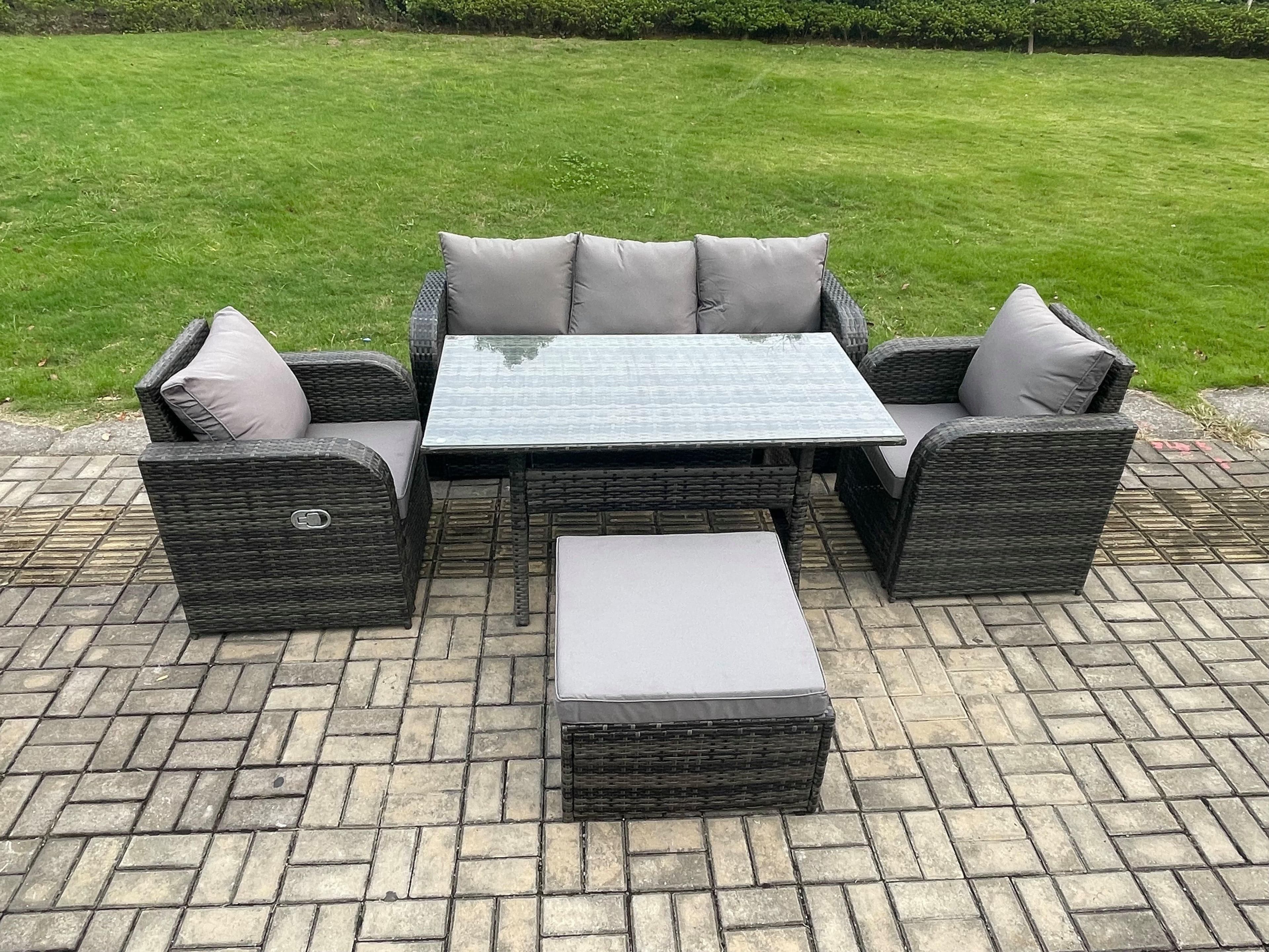 Wicker PE Rattan Garden Furniture Set Outdoor Rectangular Dining Table Chair Sofa Set Big Footstool