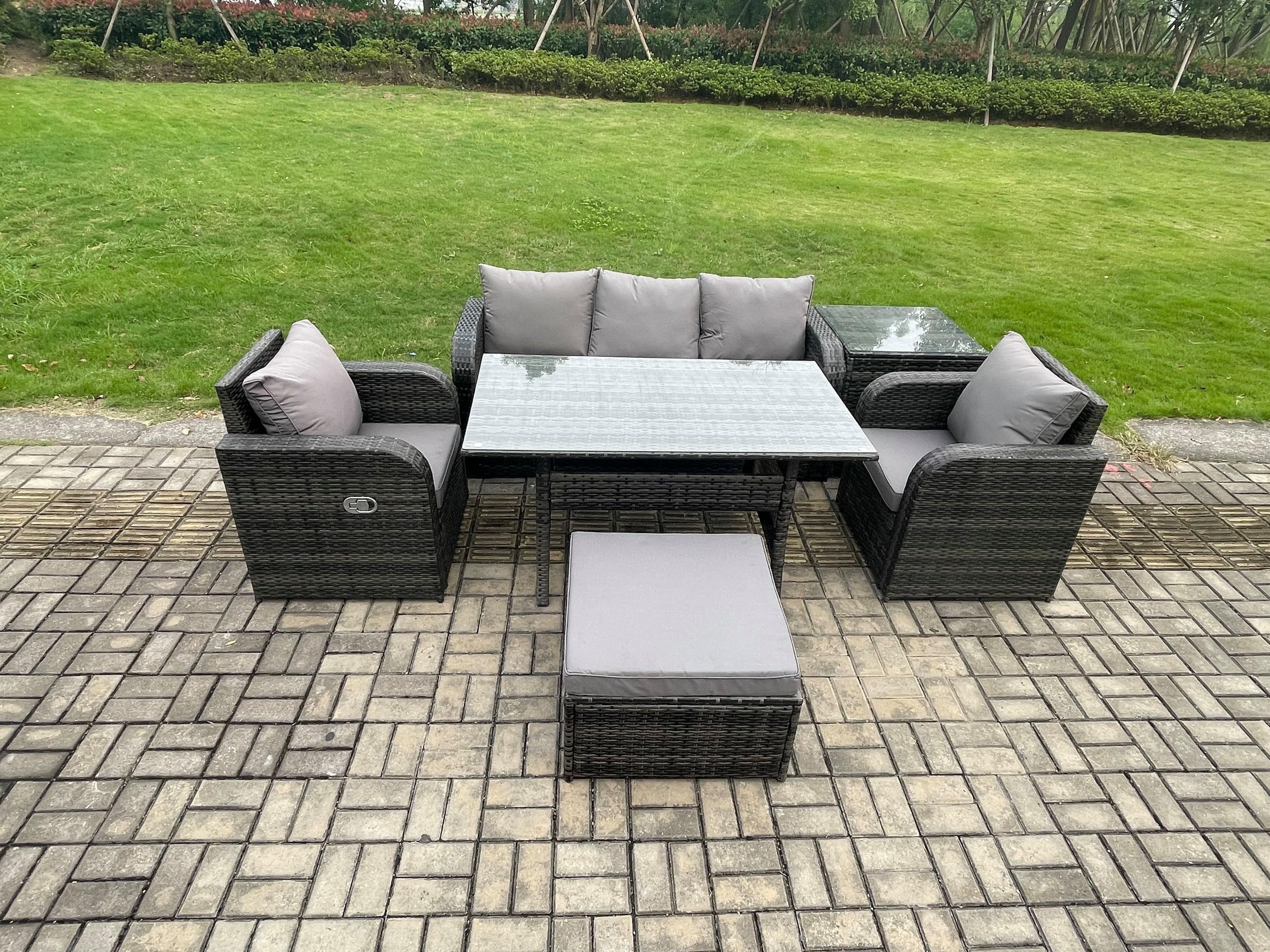 Wicker PE Rattan Garden Furniture Set Outdoor Rectangular Dining Table Chair Sofa Set Side Table