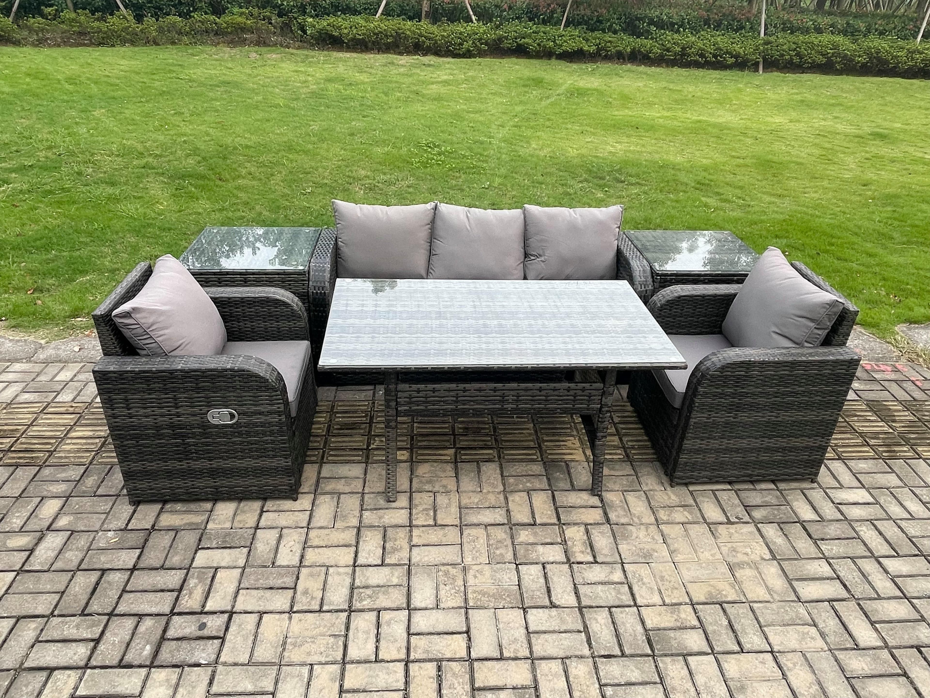 Wicker PE Rattan Garden Furniture Set Outdoor Rectangular Dining Table Chair Sofa Set 2 PC Side Table