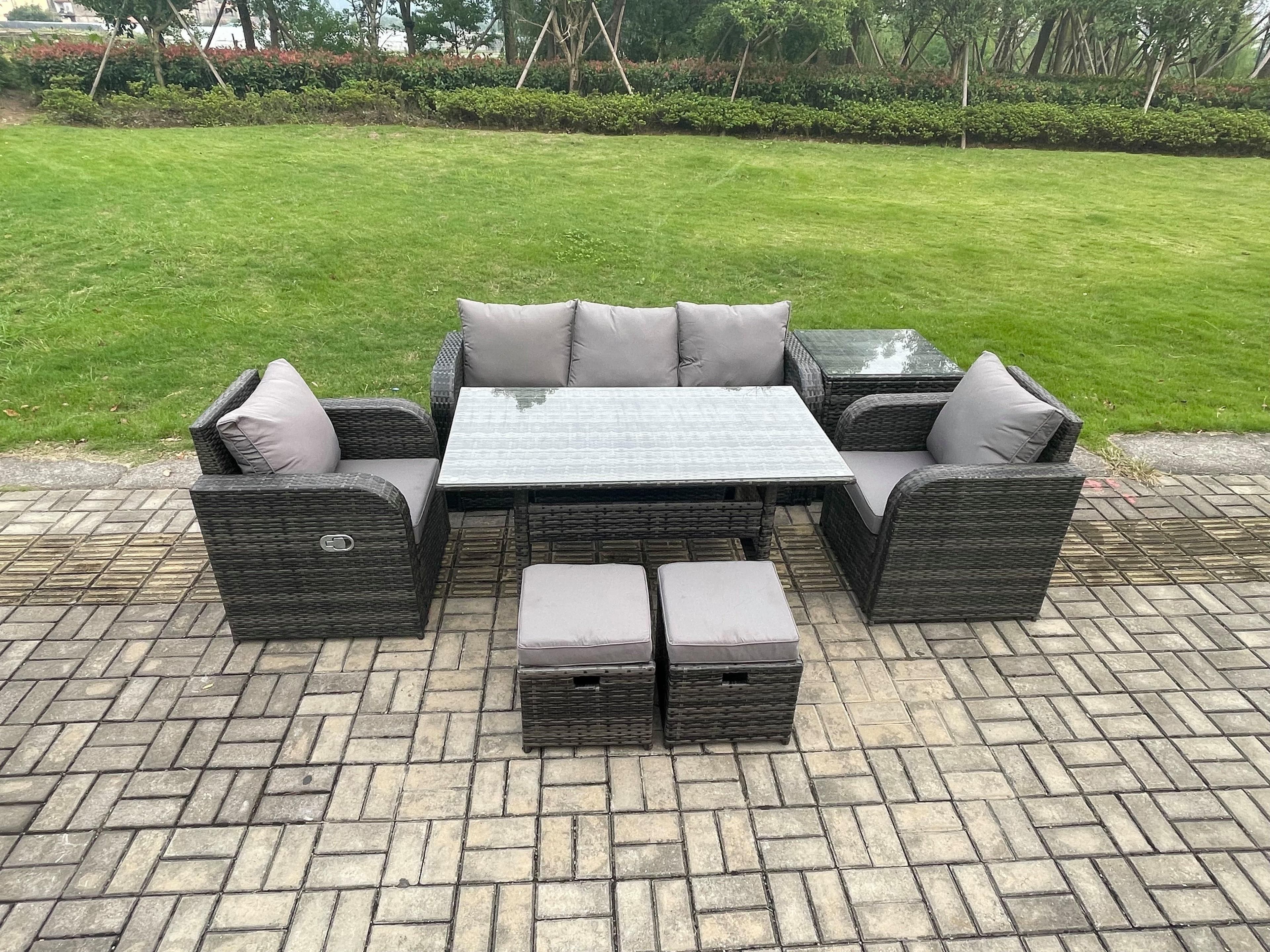 Wicker PE Rattan Garden Furniture Set Outdoor Rectangular Dining Table Chair Sofa Set 2 Small Footstools