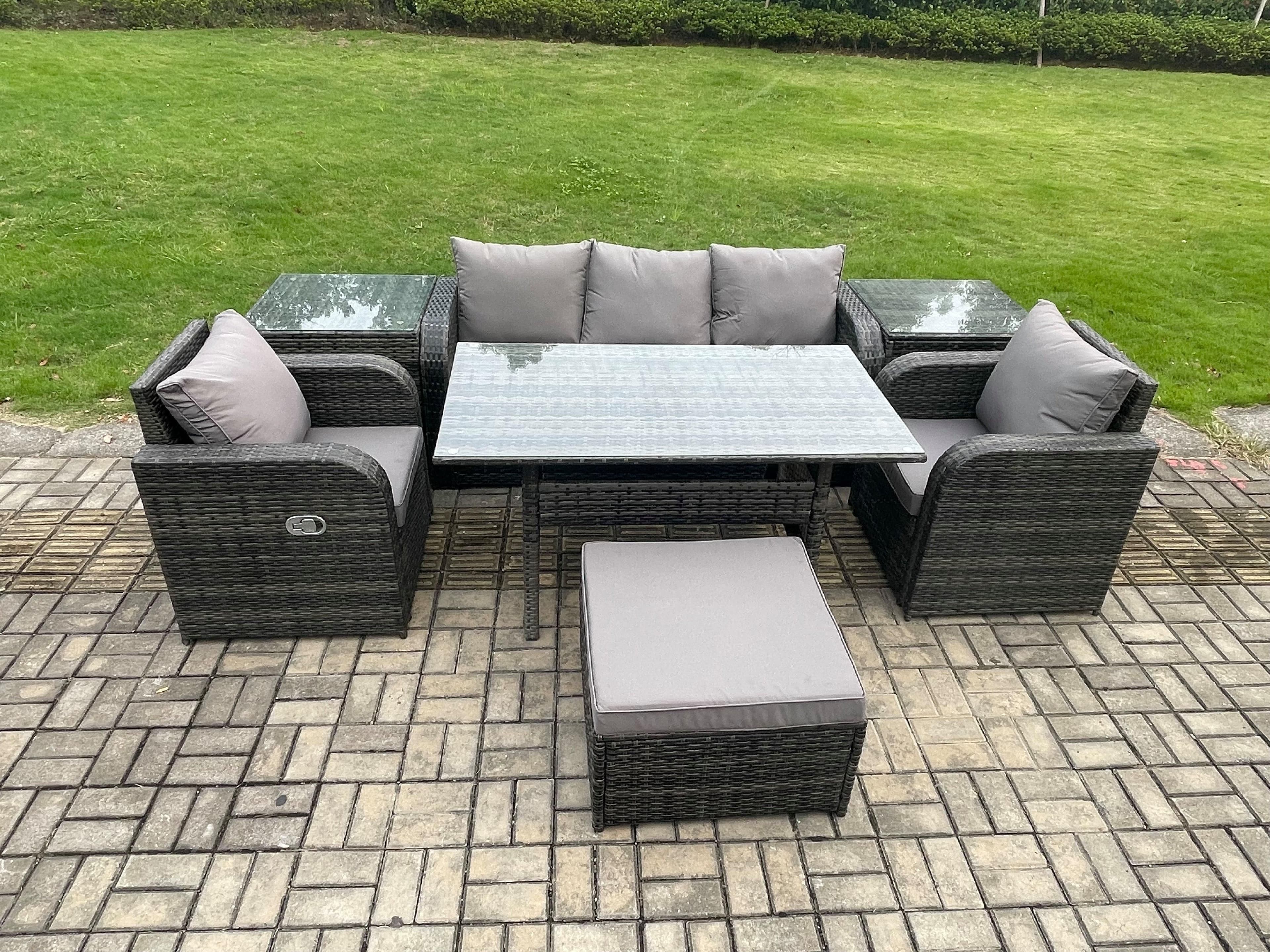 Wicker PE Rattan Garden Furniture Set Outdoor Rectangular Dining Table Chair Sofa Set Side Tables Big Footstool