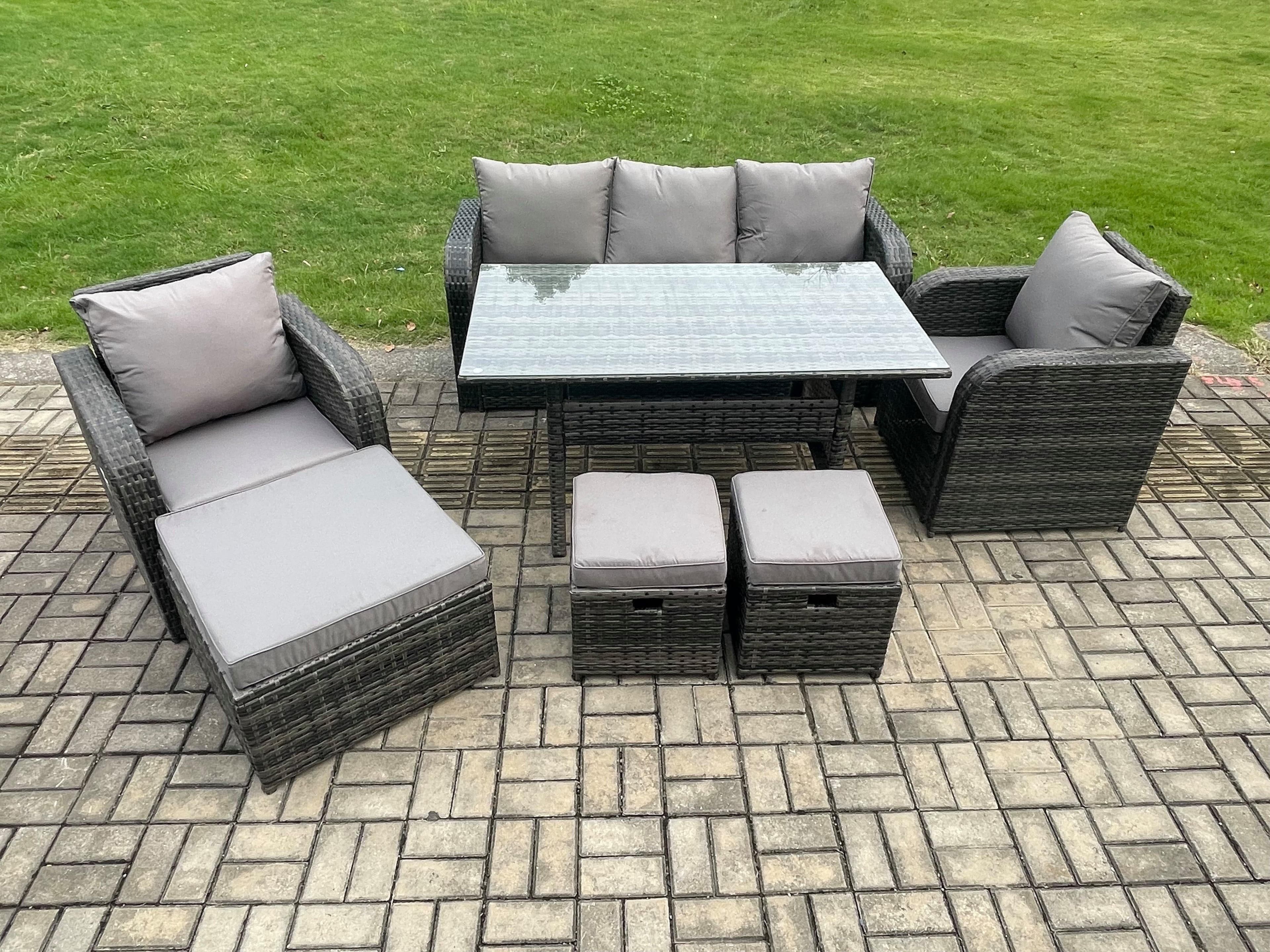 8 Seater Rattan Outdoor Garden Furniture Set Rectangular Dining Table Chair Sofa Set 3 Footstools
