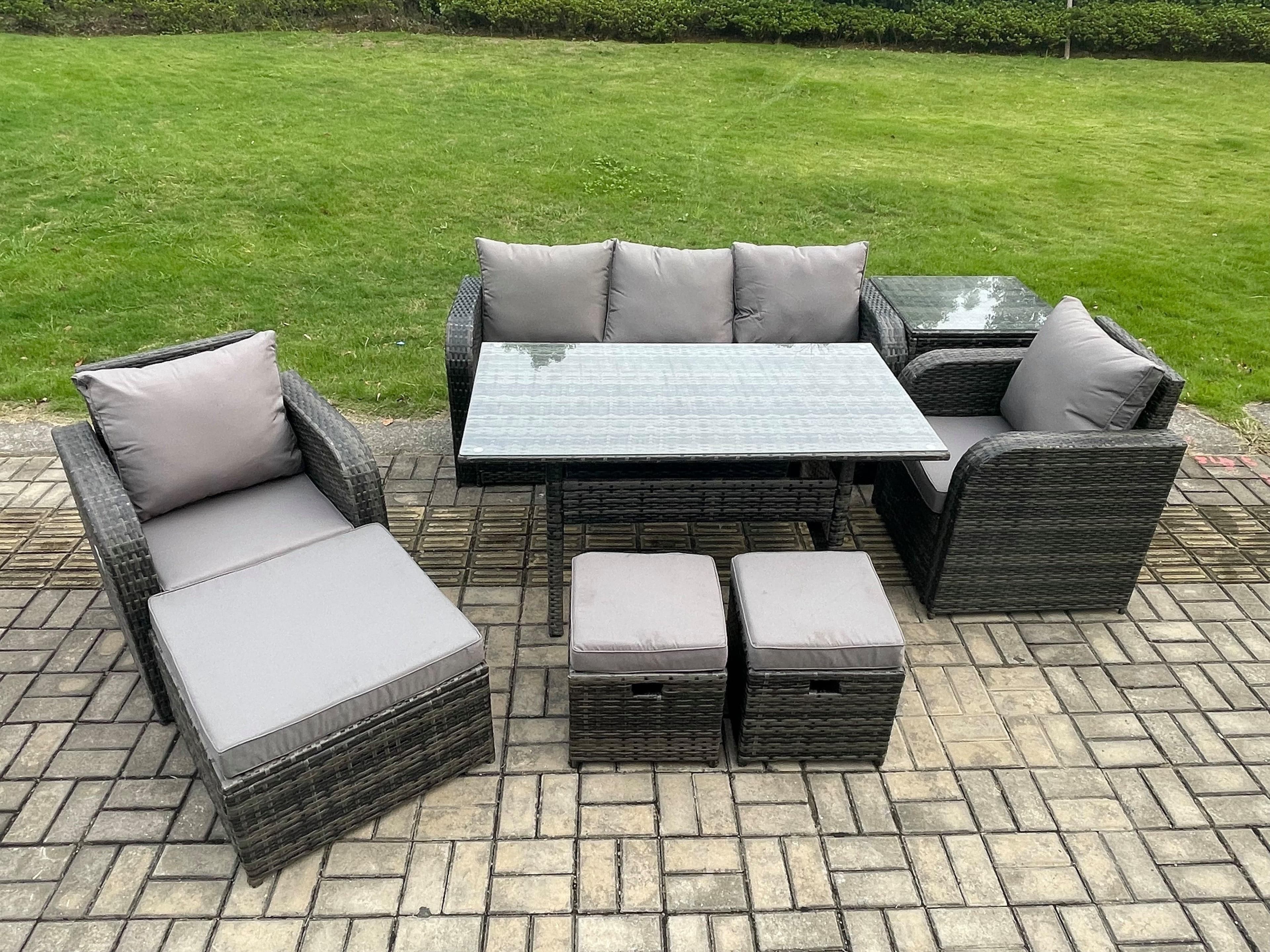 8 Pcs Rattan Outdoor Garden Furniture Set Rectangular Dining Table Chair Sofa Set Side Table 3 Footstools
