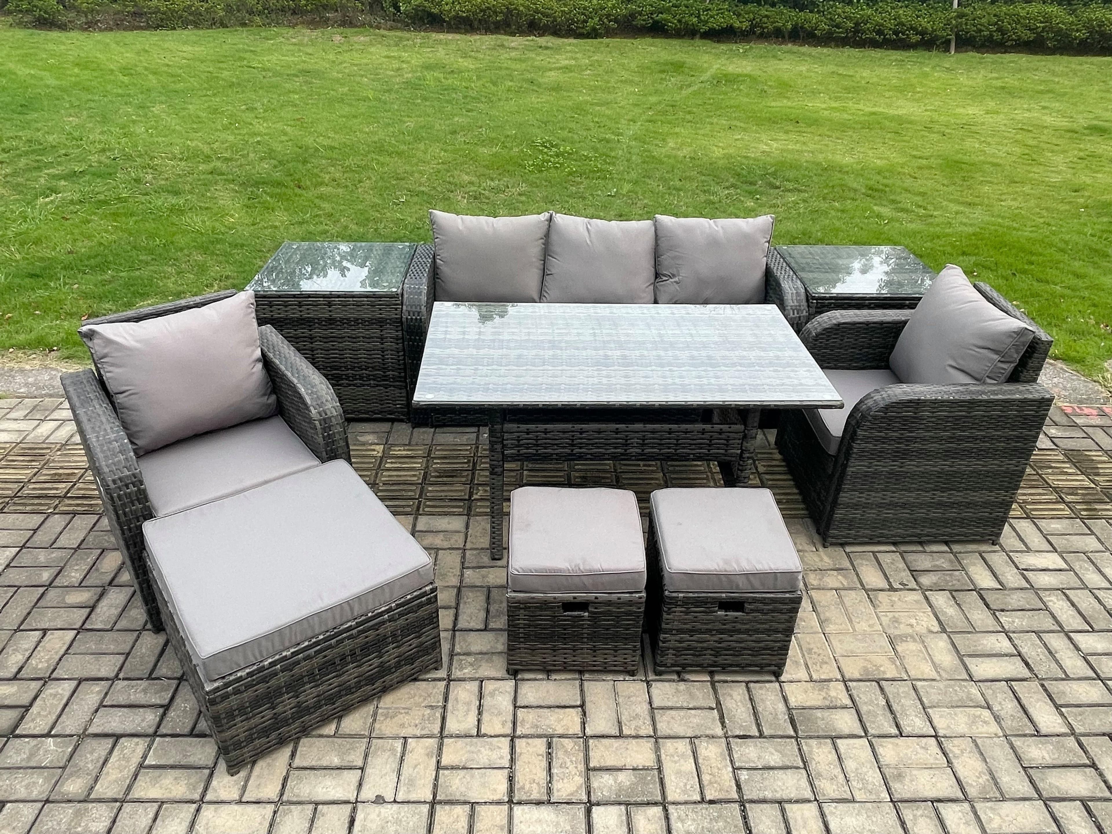 9 Pcs Rattan Outdoor Garden Furniture Set Rectangular Dining Table Chair Sofa Set 2 Side Tables 3 Footstools