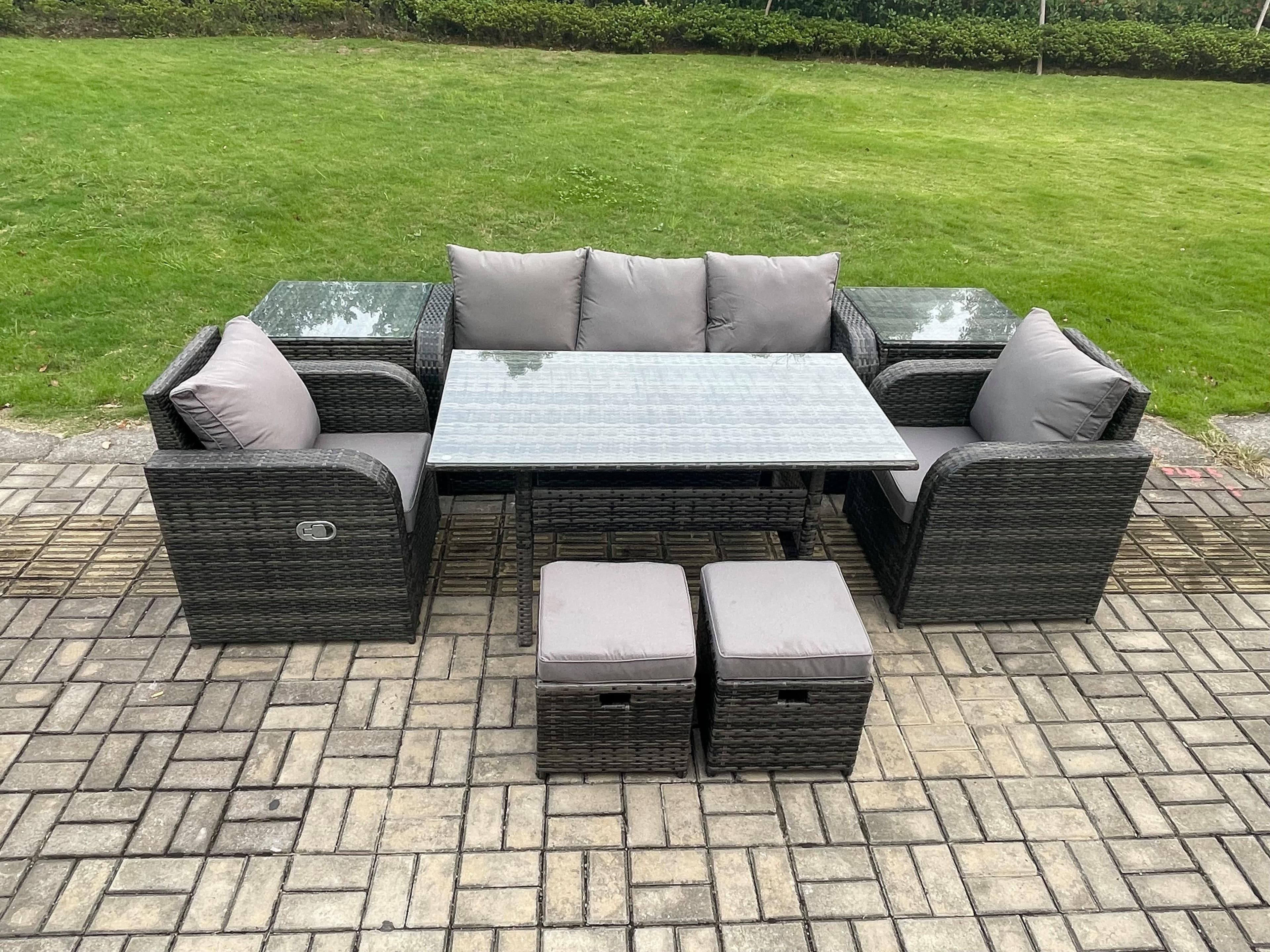 7 Seater Rattan Outdoor Garden Furniture Set Rectangular Dining Table Chair Sofa Set 2 Side Tables