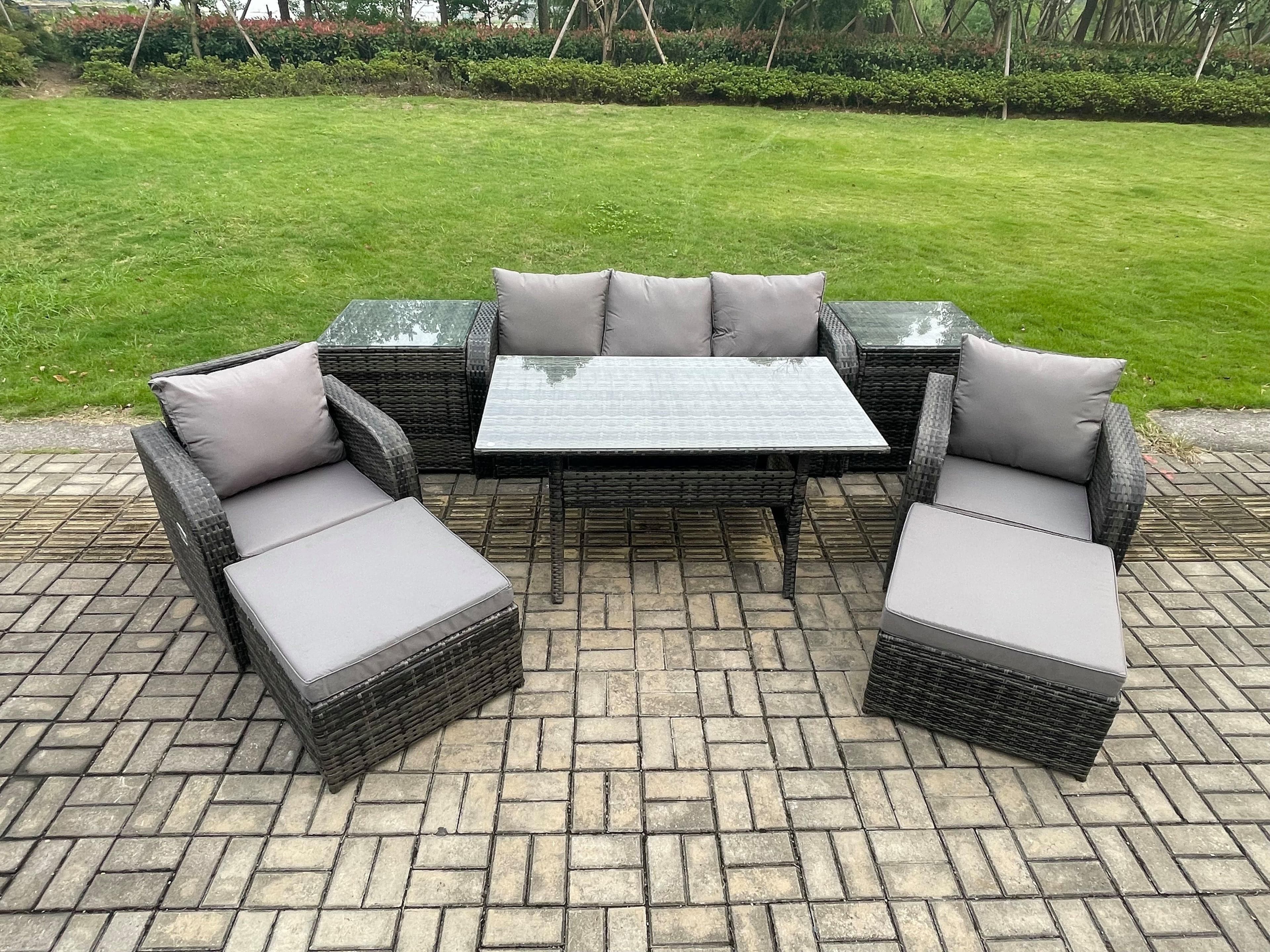 Rattan Outdoor Garden Furniture Set Rectangular Dining Table Chair Sofa Set 2 Side Tables 2 Big Footstool