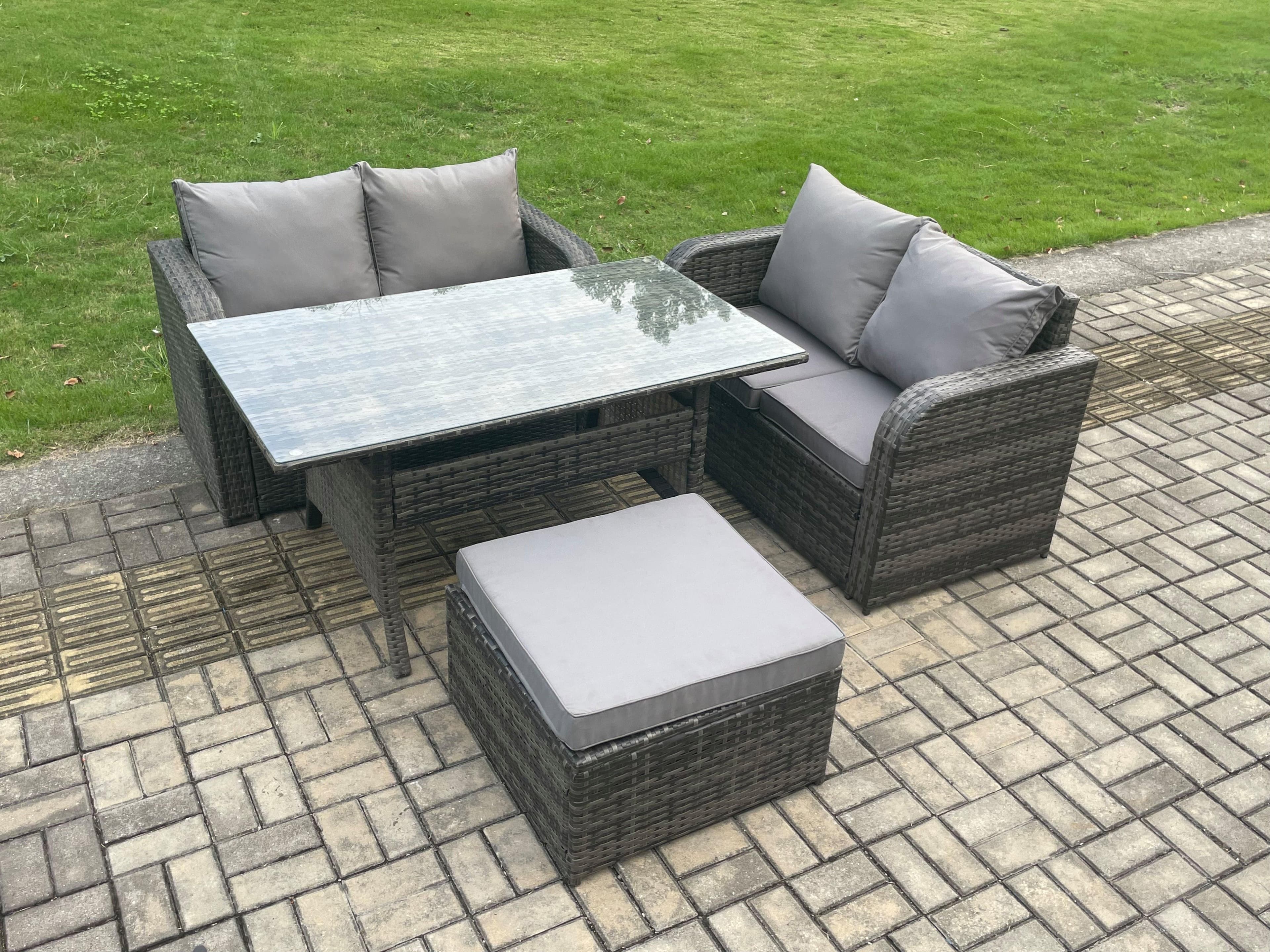 Garden Patio Furniture Wicker Rattan Oblong Rectangular Dining Table Loveseat Sofa set Big Footstool
