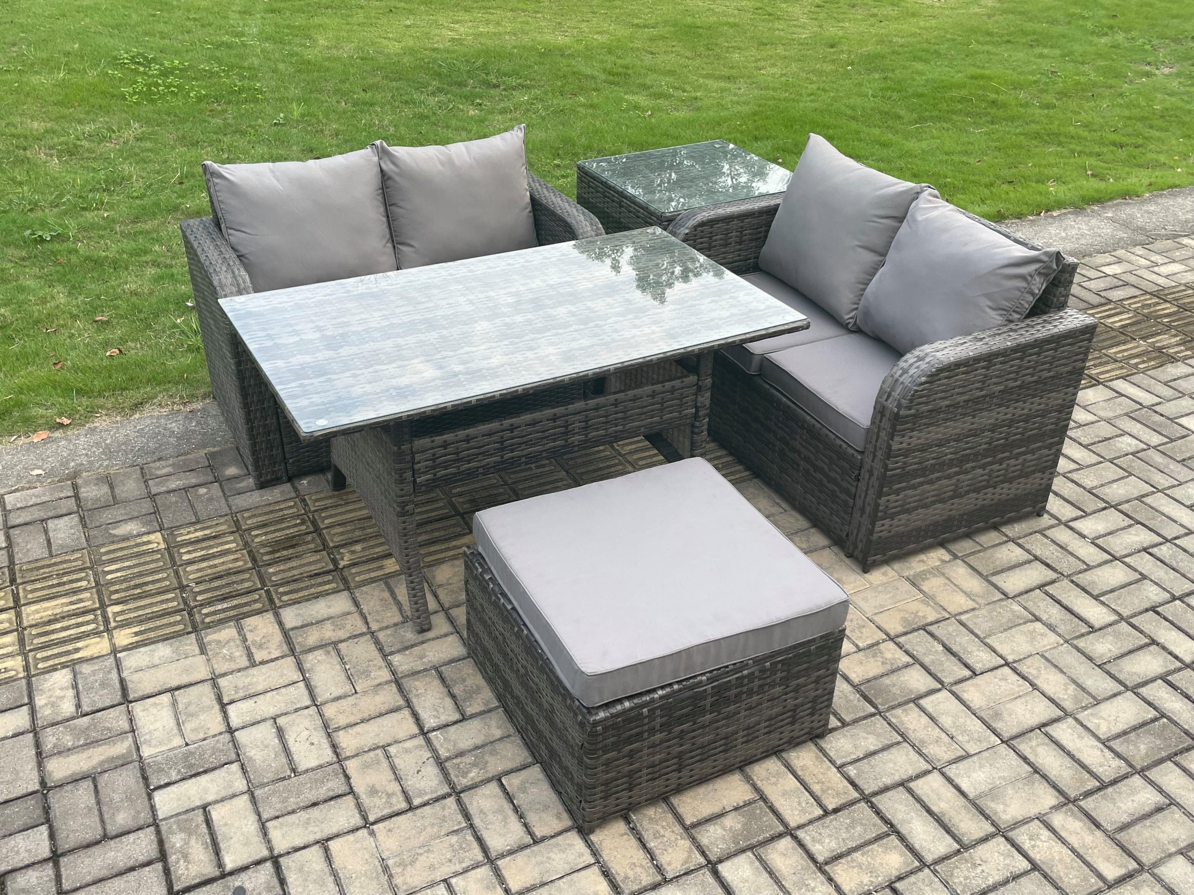 Garden Patio Furniture Wicker Rattan Oblong Rectangular Dining Table Loveseat Sofa set Side Table Footstool