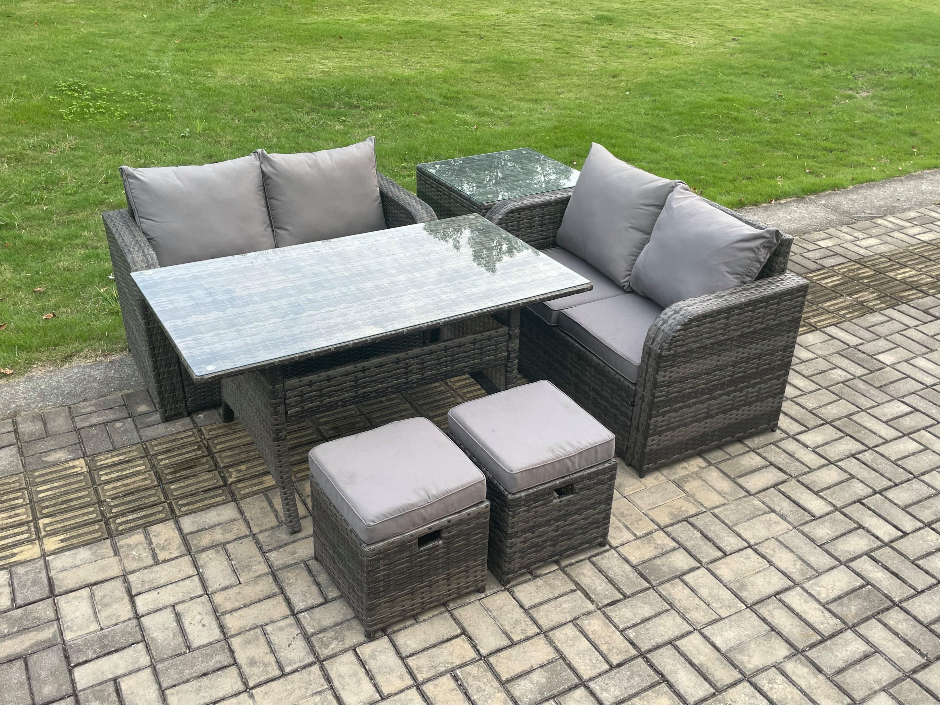Garden Patio Furniture Wicker Rattan Oblong Rectangular Dining Table Loveseat Sofa set Side Table
