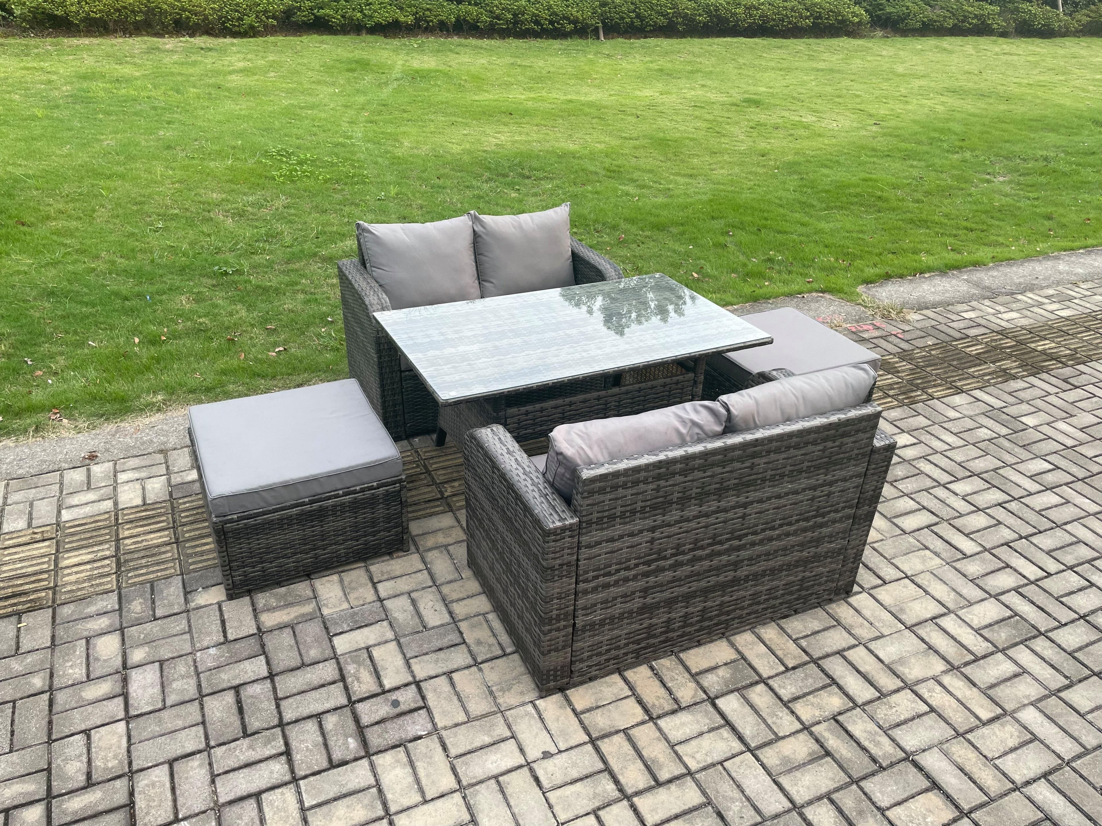 Garden Patio Furniture Wicker Rattan Oblong Rectangular Dining Table Loveseat Sofa set 2 Big Footstool