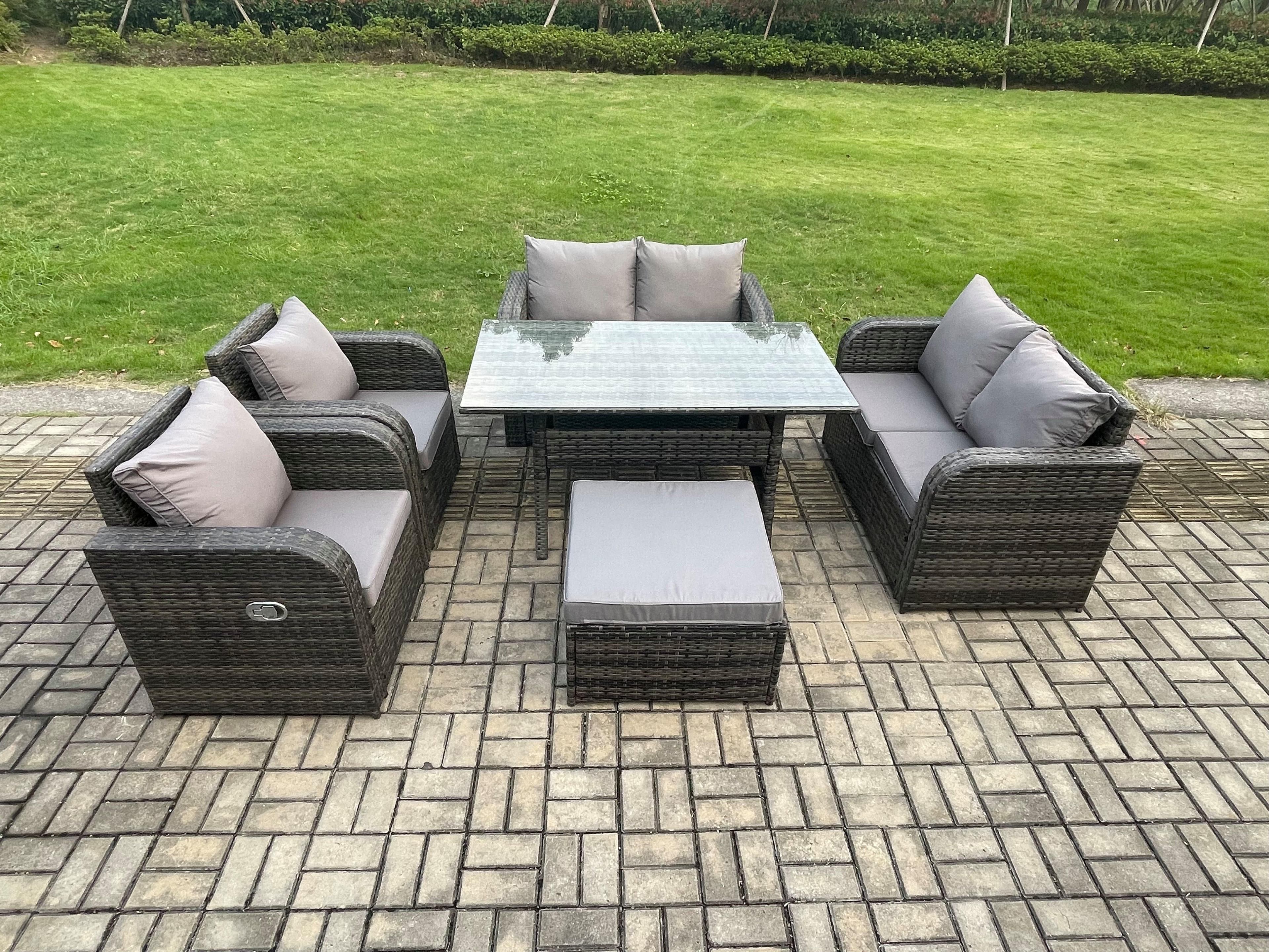 Rattan Outdoor Furniture Garden Dining Set Rectangular Table Chair Sofa Set Big Footstool Dark Grey Mixed