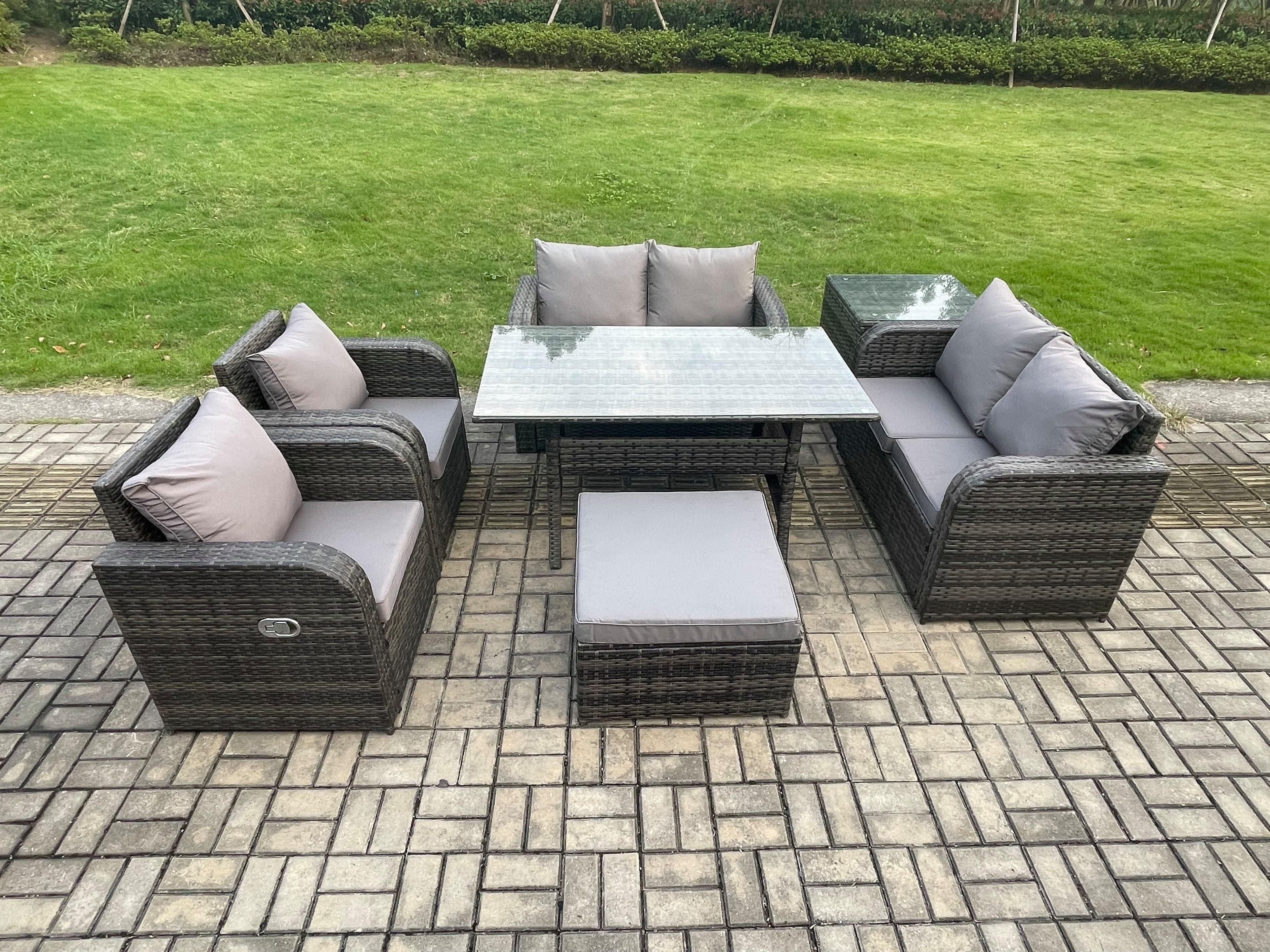 Rattan Outdoor Furniture Garden Dining Set Rectangular Table Chair Sofa Set Side Table Big Footstool