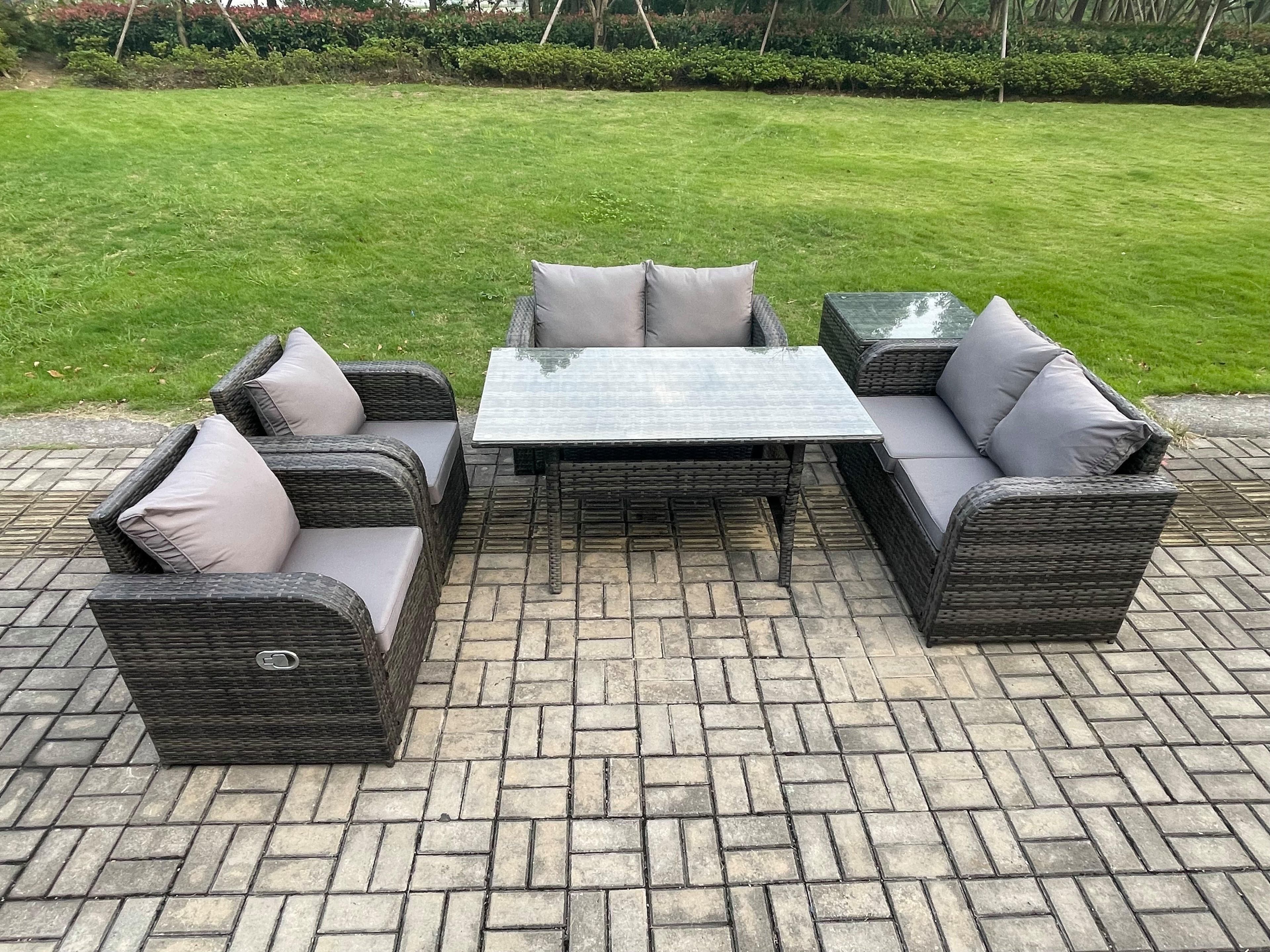 Rattan Outdoor Furniture Garden Dining Set Rectangular Table Chair Sofa Set Side Table Dark Grey Mixed