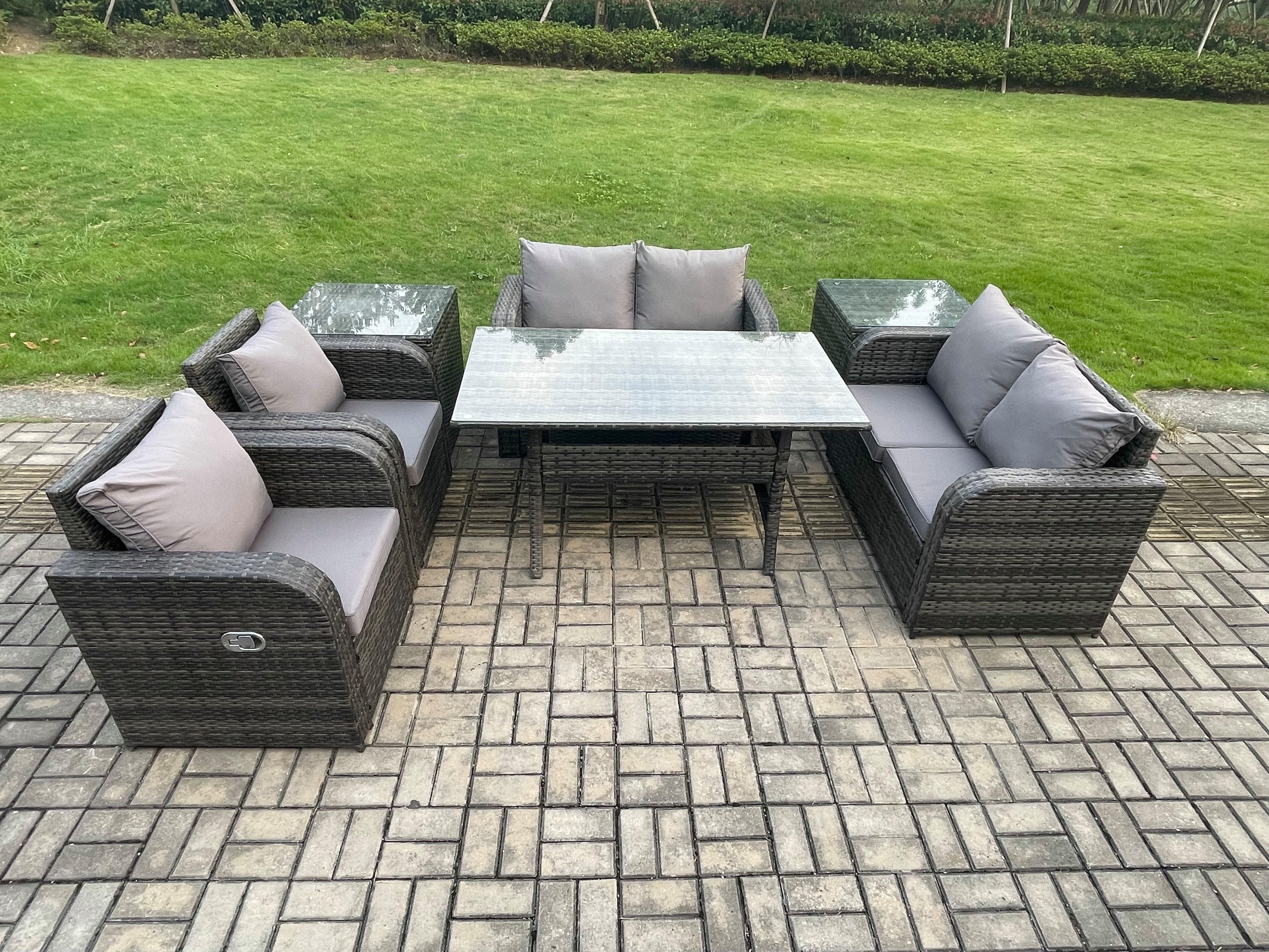 Rattan Outdoor Furniture Garden Dining Set Rectangular Table Chair Sofa Set 2 PC Side Tables Dark Grey Mixed