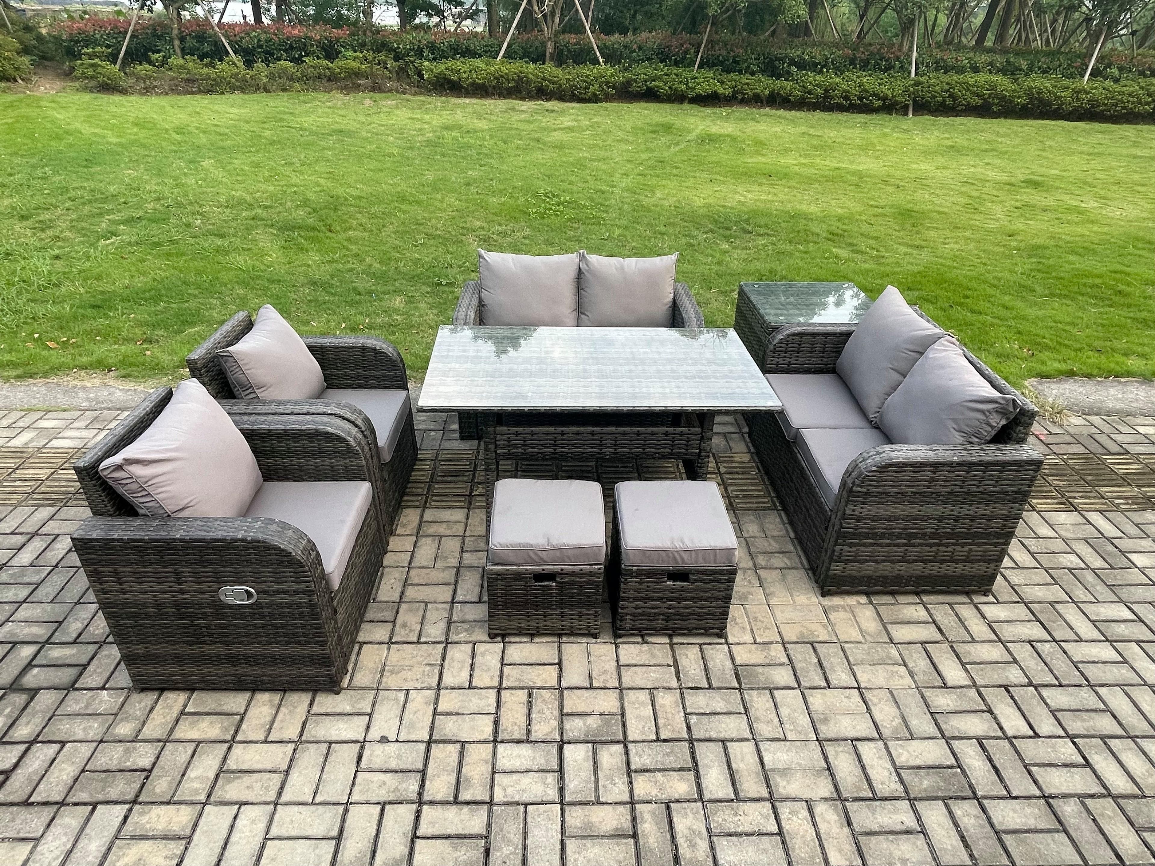 Rattan Outdoor Furniture Garden Dining Set Rectangular Table Chair Sofa Set Side Table 2 Small Footstools