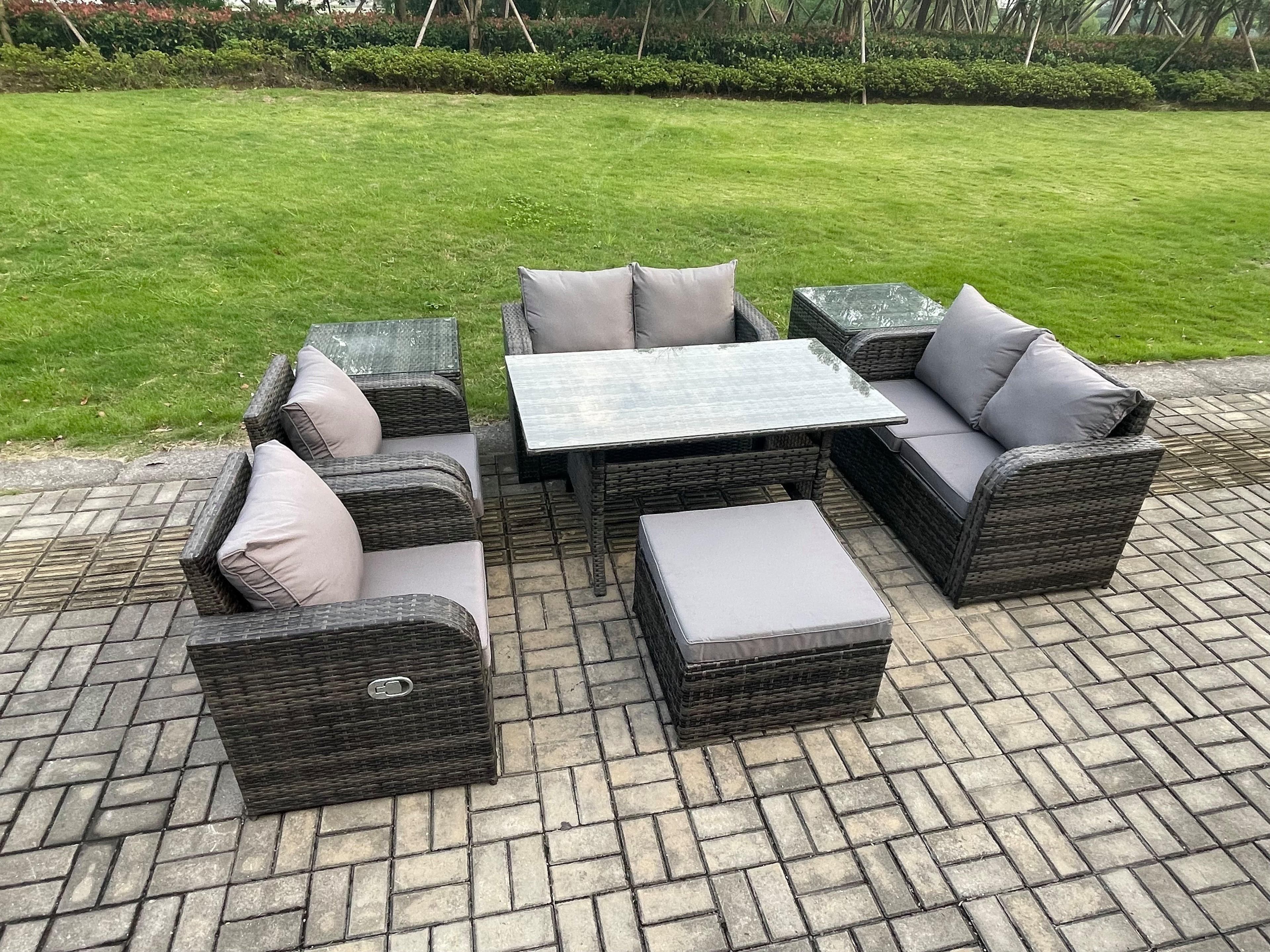 Rattan Outdoor Furniture Garden Dining Set Rectangular Table Chair Sofa Set 2 Side Tables Big Footstool