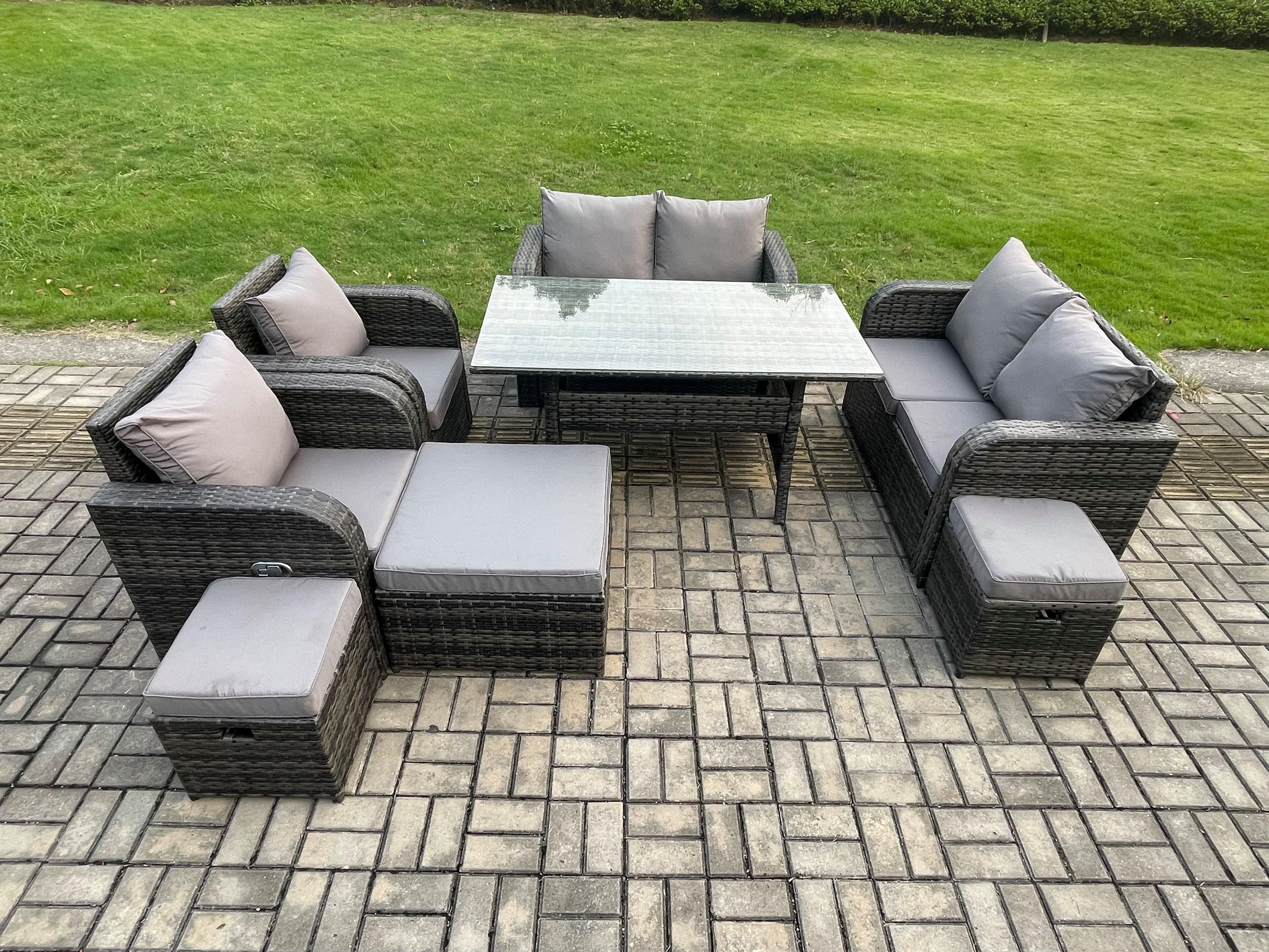 Outdoor Rattan Garden Furniture 8 piece Patio Furniture Set 9 Seater Lounge Sofa Set Rectangular Table 3 Stools