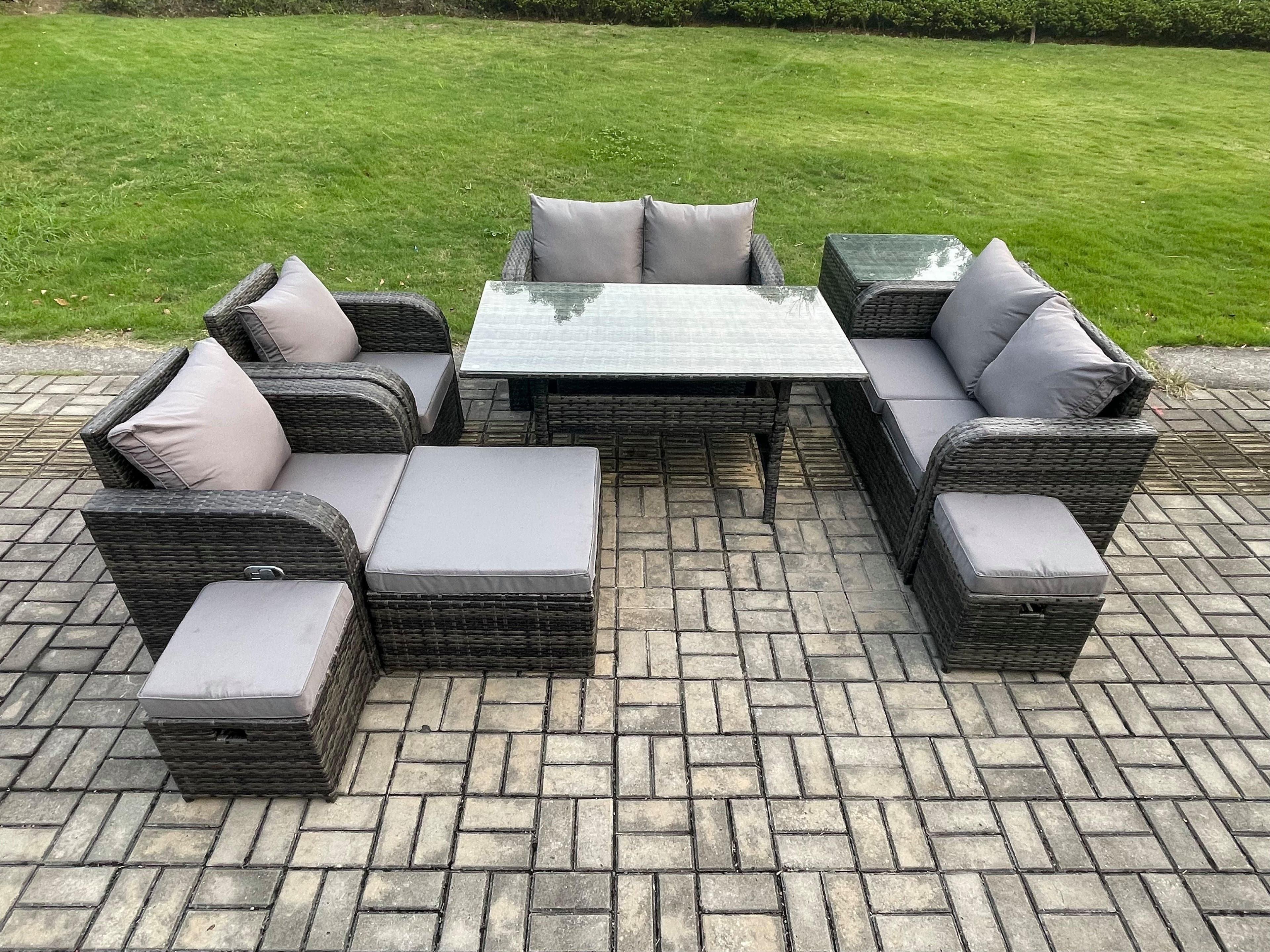 Outdoor Rattan Garden Furniture 9 piece Patio Furniture Set 9 Seater Lounge Sofa Set Rectangular Table