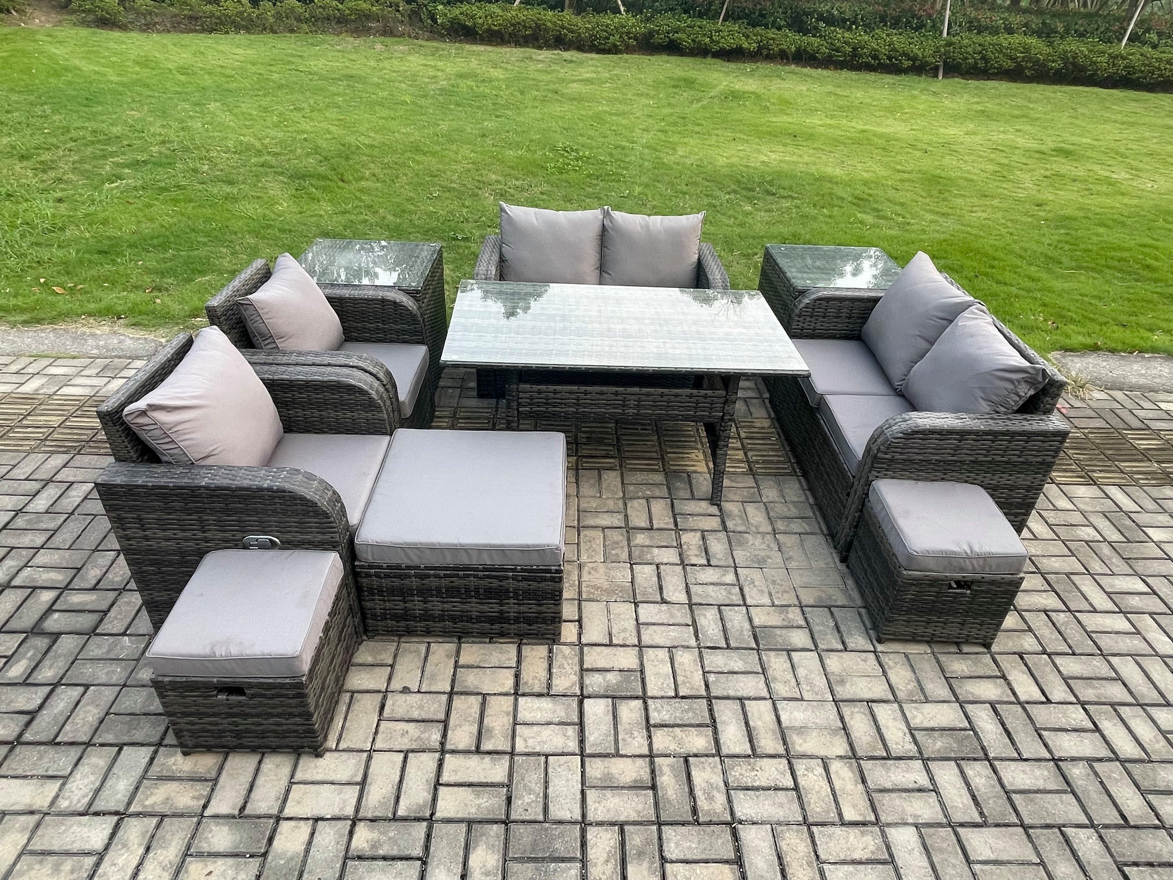 Outdoor Rattan Garden Furniture 10 piece Patio Furniture Set 9 Seater Lounge Sofa Set Rectangular Table