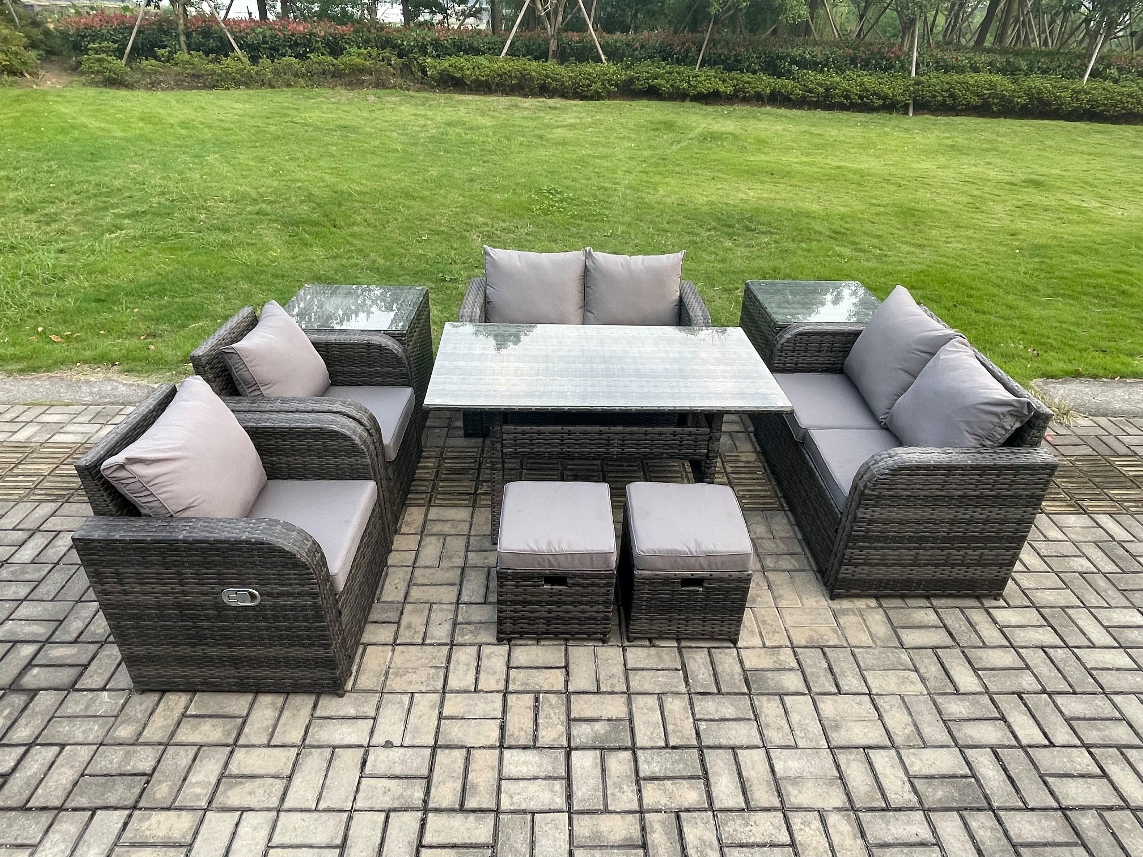 Outdoor Rattan Garden Furniture 9 piece Patio Furniture Set 8 Seater Lounge Sofa Set Reclining Chairs