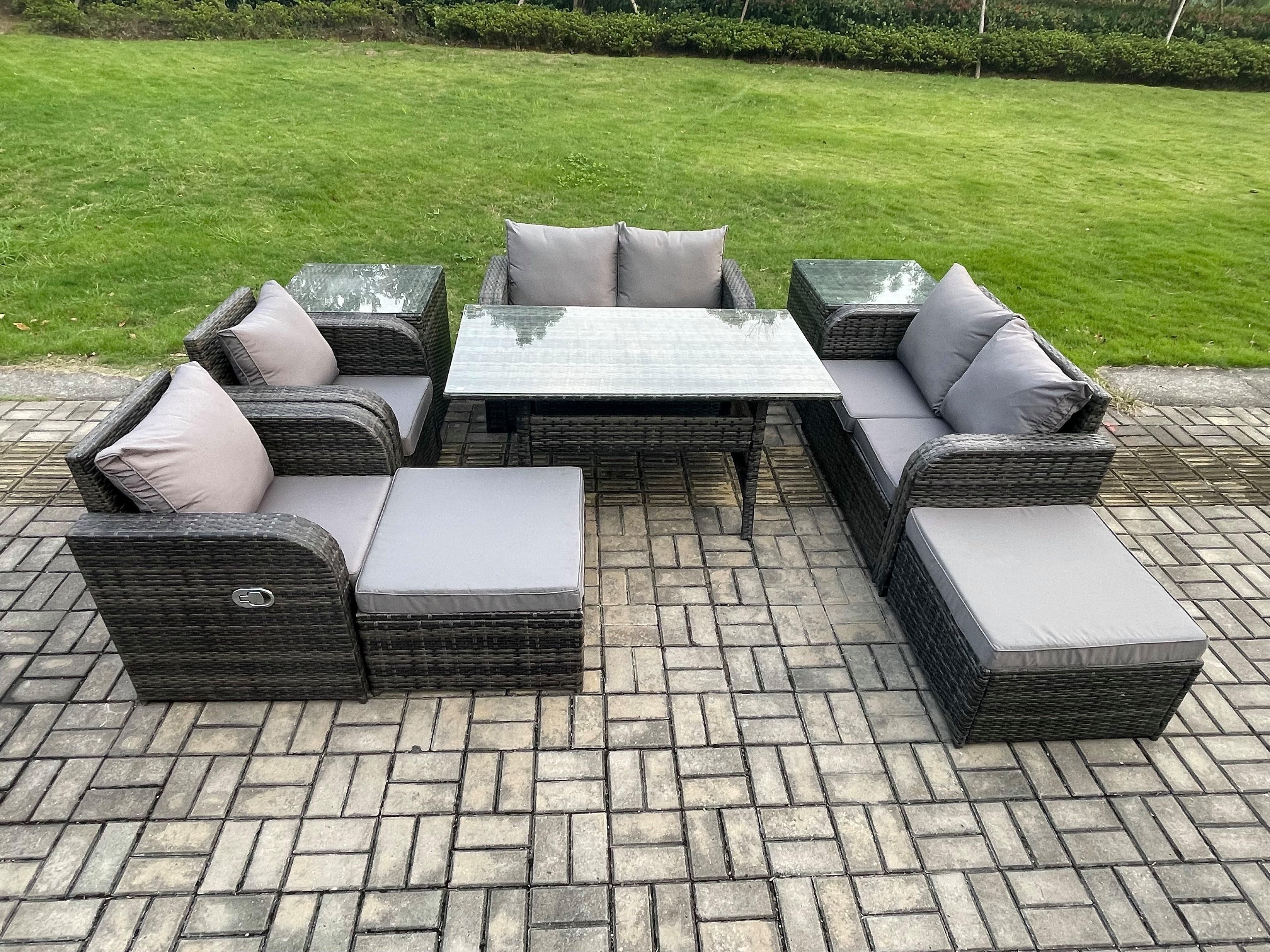 Outdoor Rattan Garden Furniture 9 piece Patio Furniture Set 8 Seater Lounge Sofa Set Rectangular Table