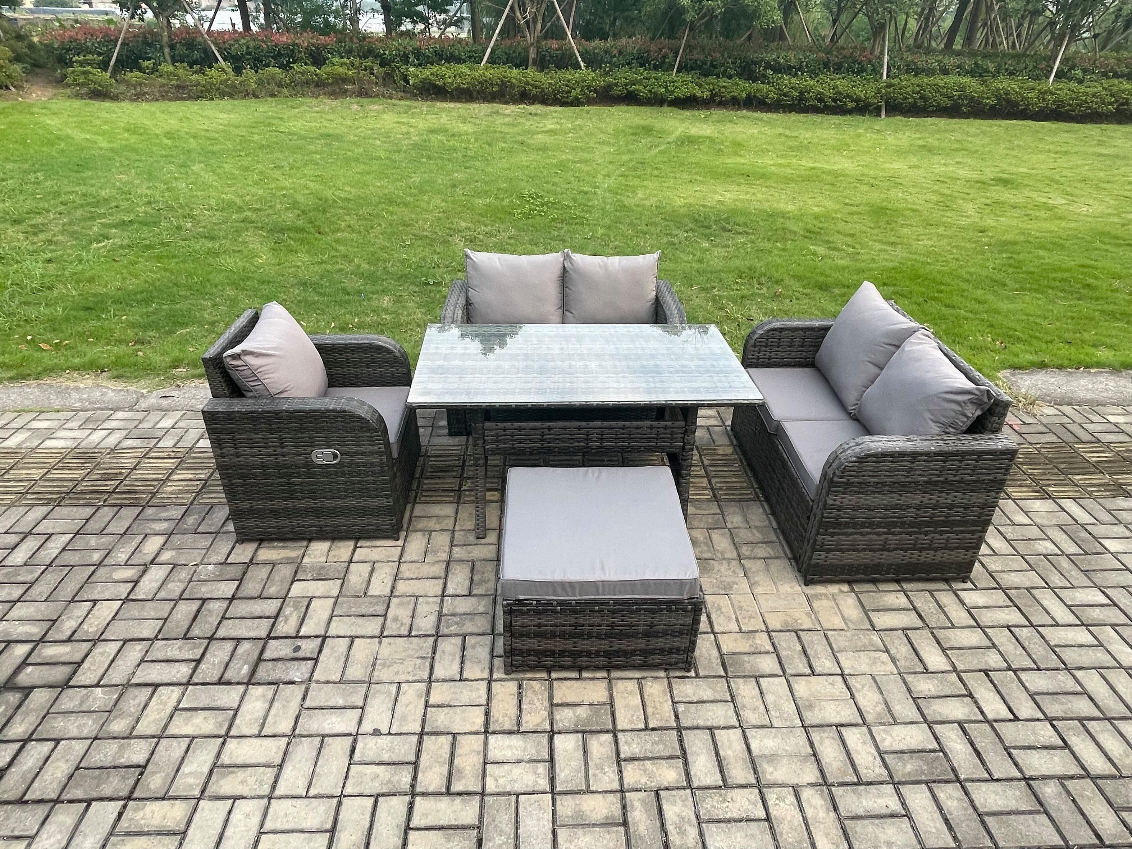 Lounge Rattan Sofa Set Outdoor Garden Furniture Oblong Rectangular Dining Table Chairs Big Footstool Dark Grey Mixed