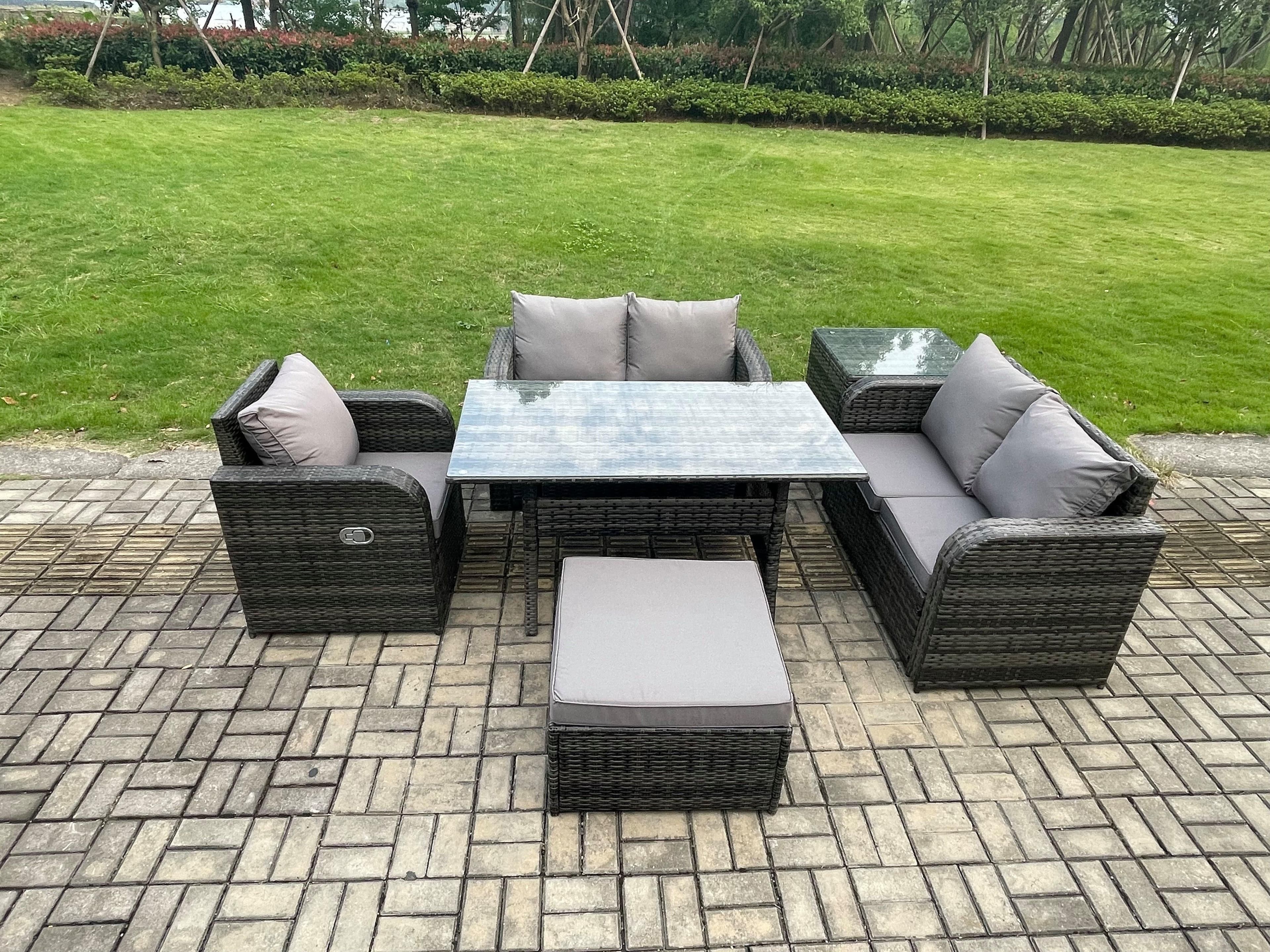 Lounge Rattan Sofa Set Outdoor Garden Furniture Oblong Rectangular Dining Table Chairs Big Footstool Side Table