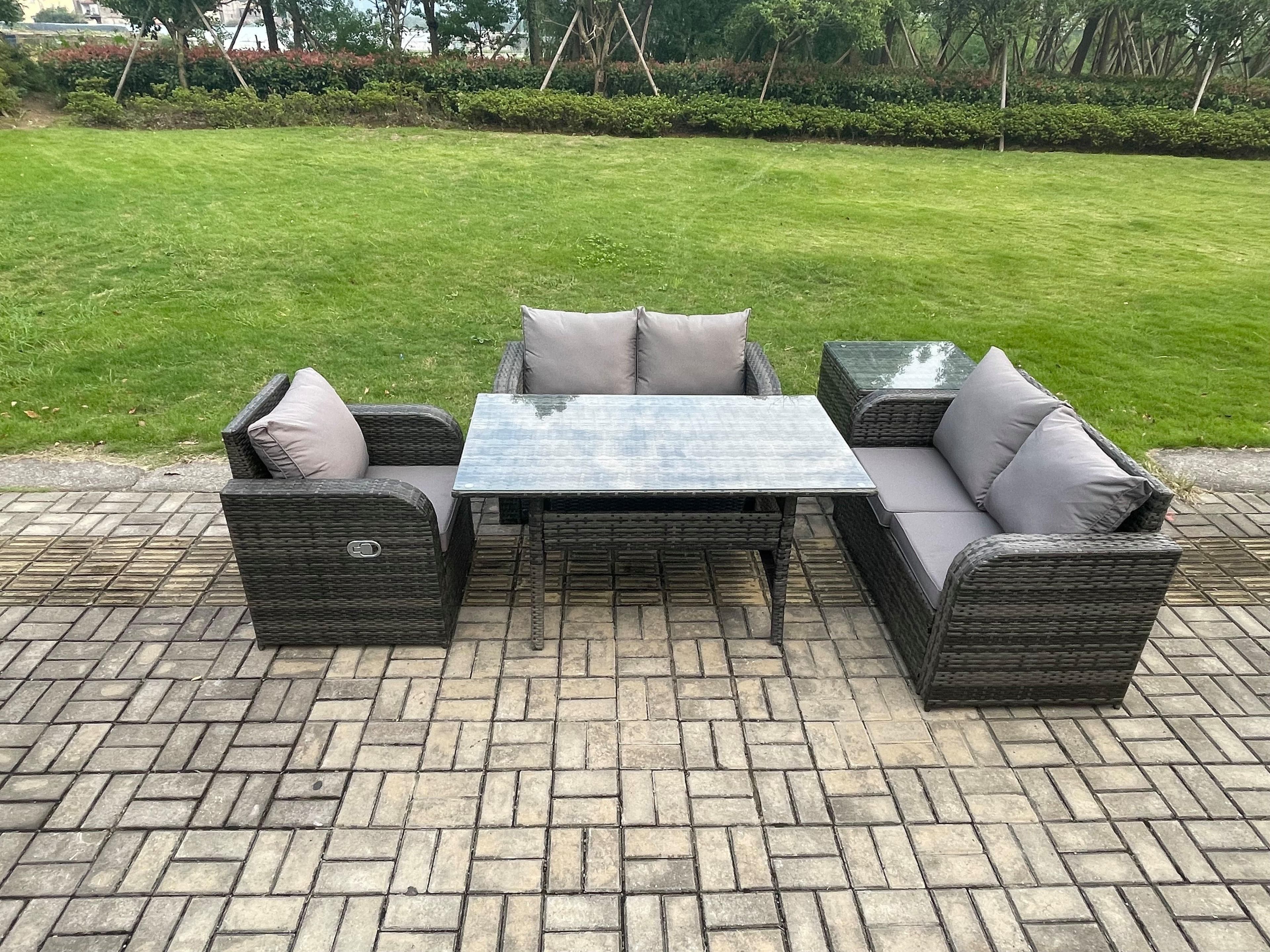 Lounge Rattan Sofa Set Outdoor Garden Furniture Oblong Rectangular Dining Table Chairs Side Table Dark Grey Mixed
