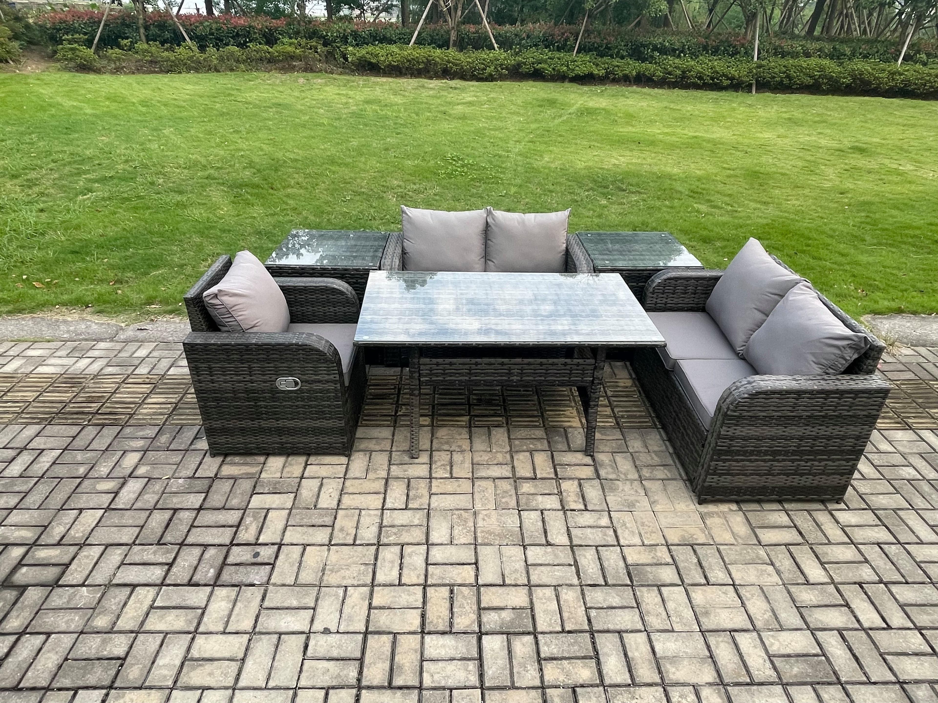 Lounge Rattan Sofa Set Outdoor Garden Furniture Oblong Rectangular Dining Table Chairs 2 Side Tables Dark Grey Mixed