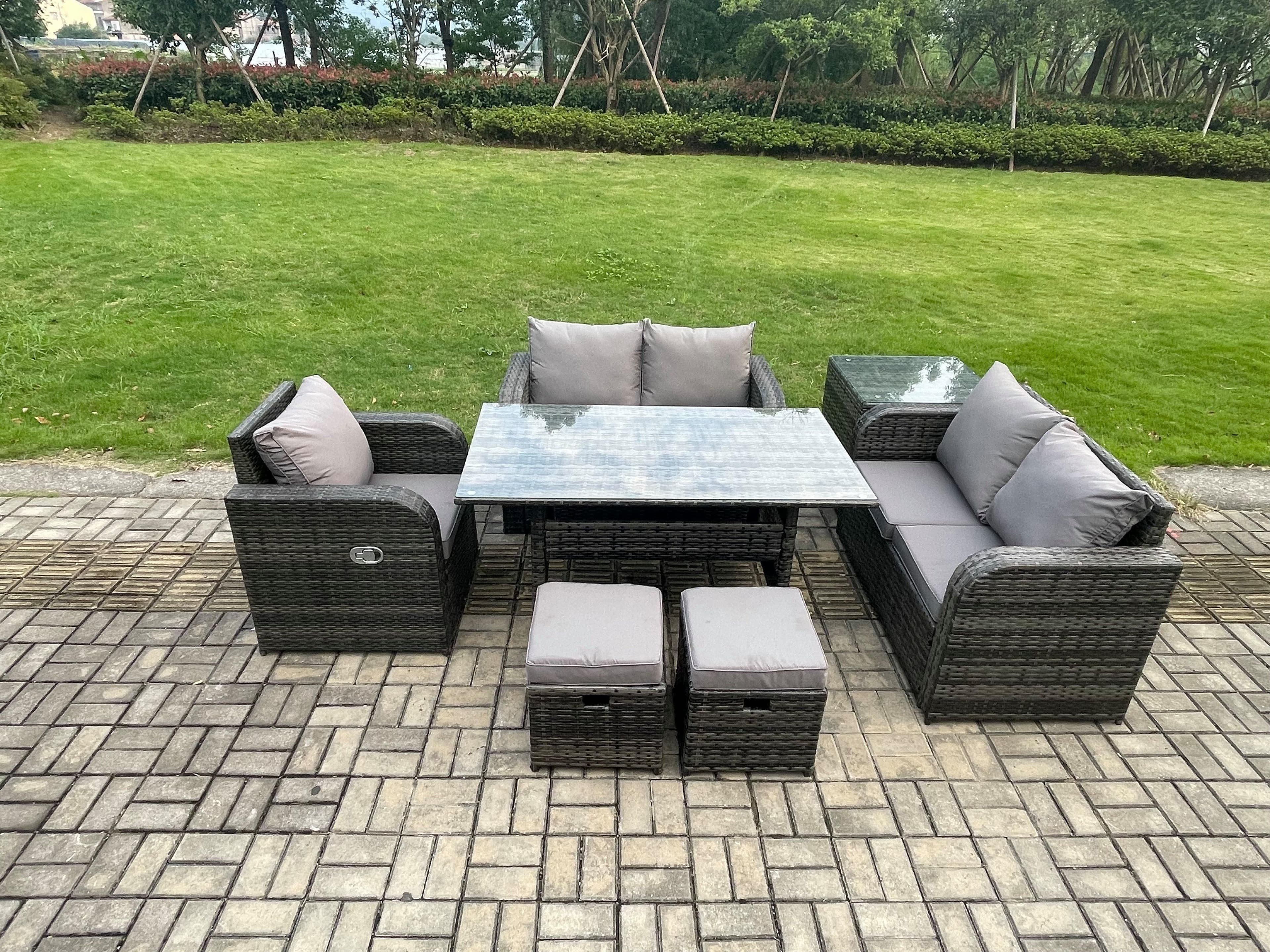 Lounge Rattan Sofa Set Outdoor Garden Furniture Oblong Rectangular Dining Table Chairs Side Table Footstools Dark Grey Mixed