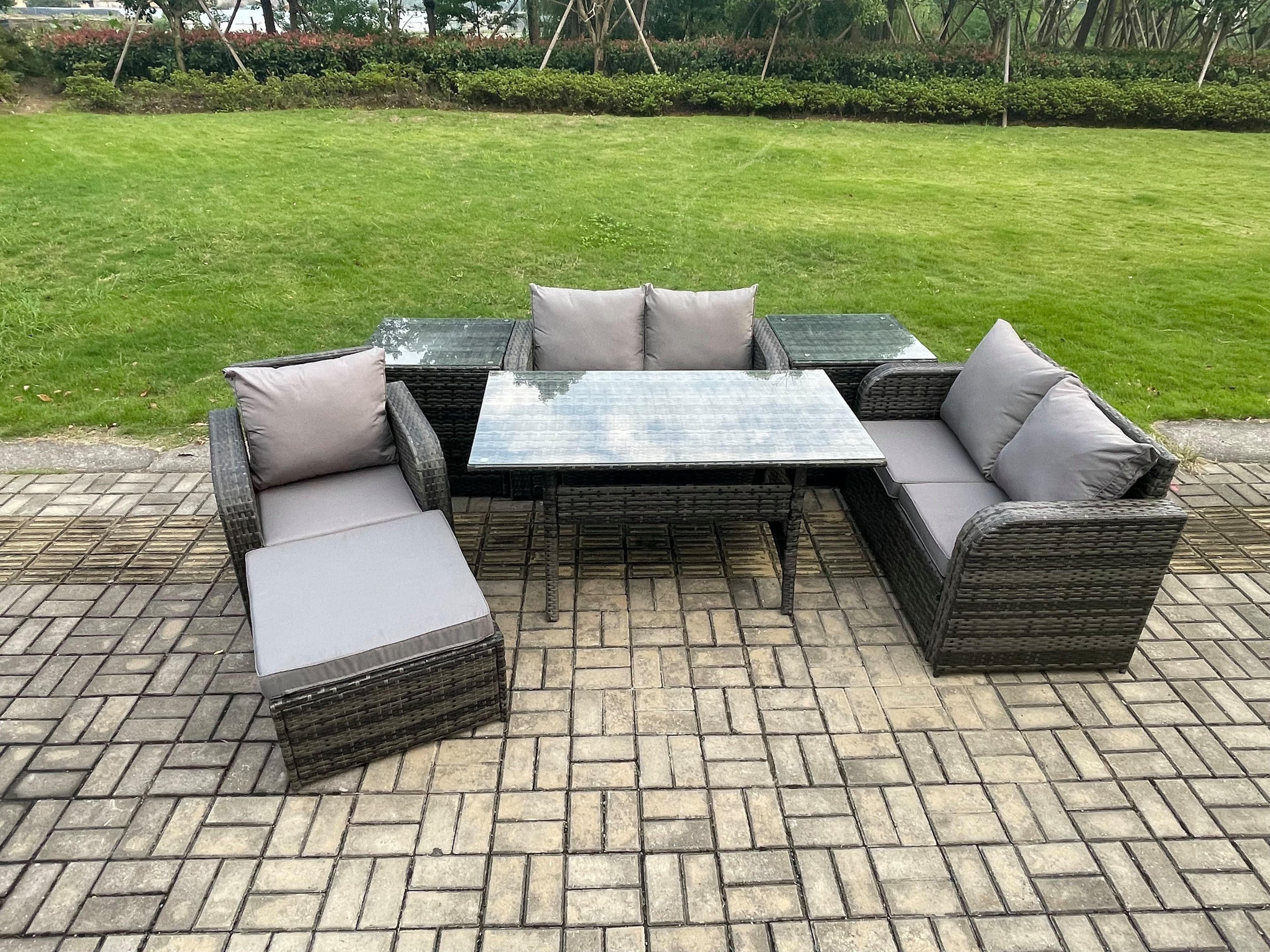Lounge Rattan Sofa Set Outdoor Garden Furniture Oblong Rectangular Dining Table Chairs 2 Side Tables Big Footstool
