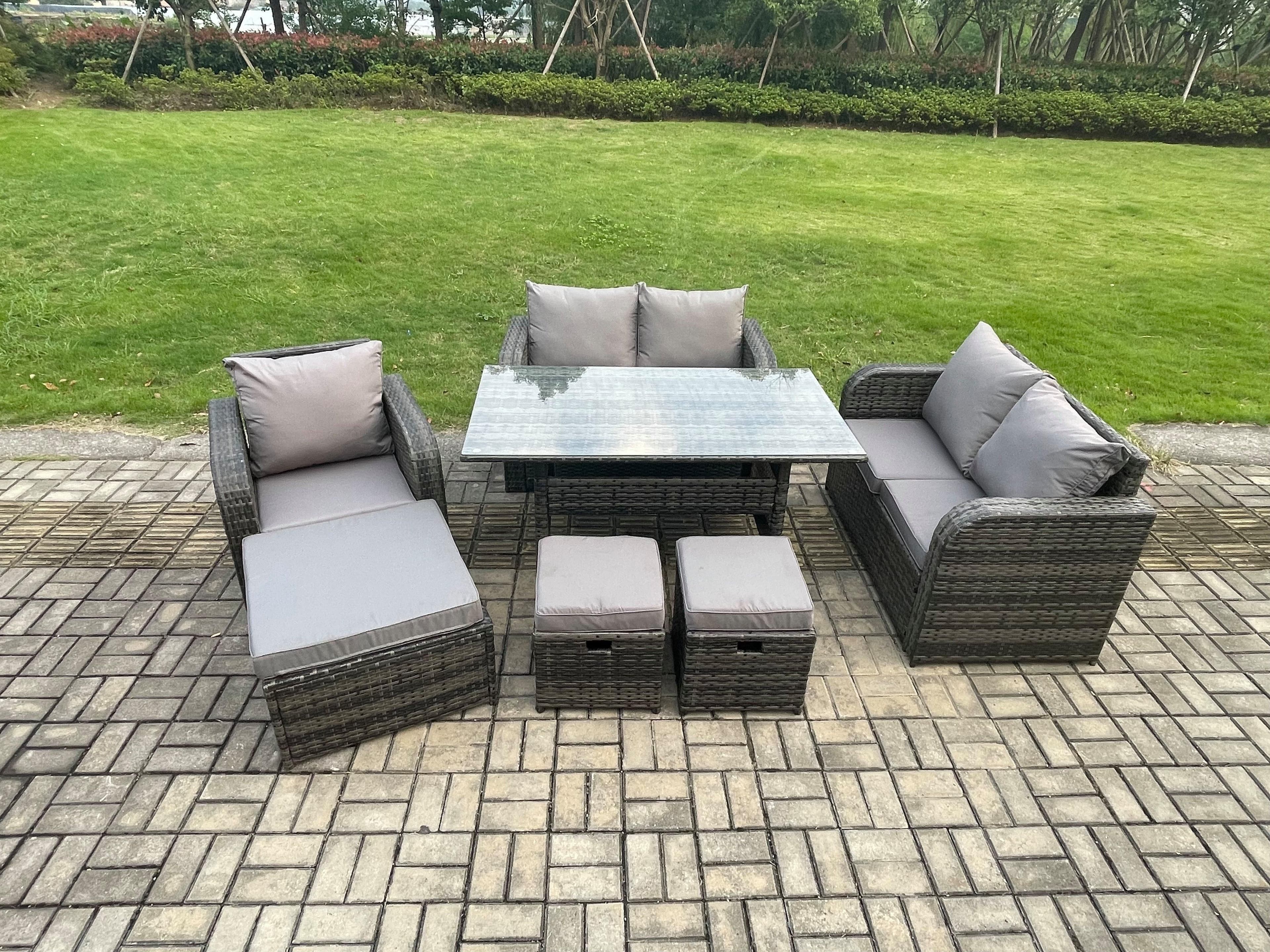 8 Seater Lounge Rattan Sofa Set Outdoor Garden Furniture Oblong Rectangular Dining Table Chairs 3 Footstools Dark Grey Mixed