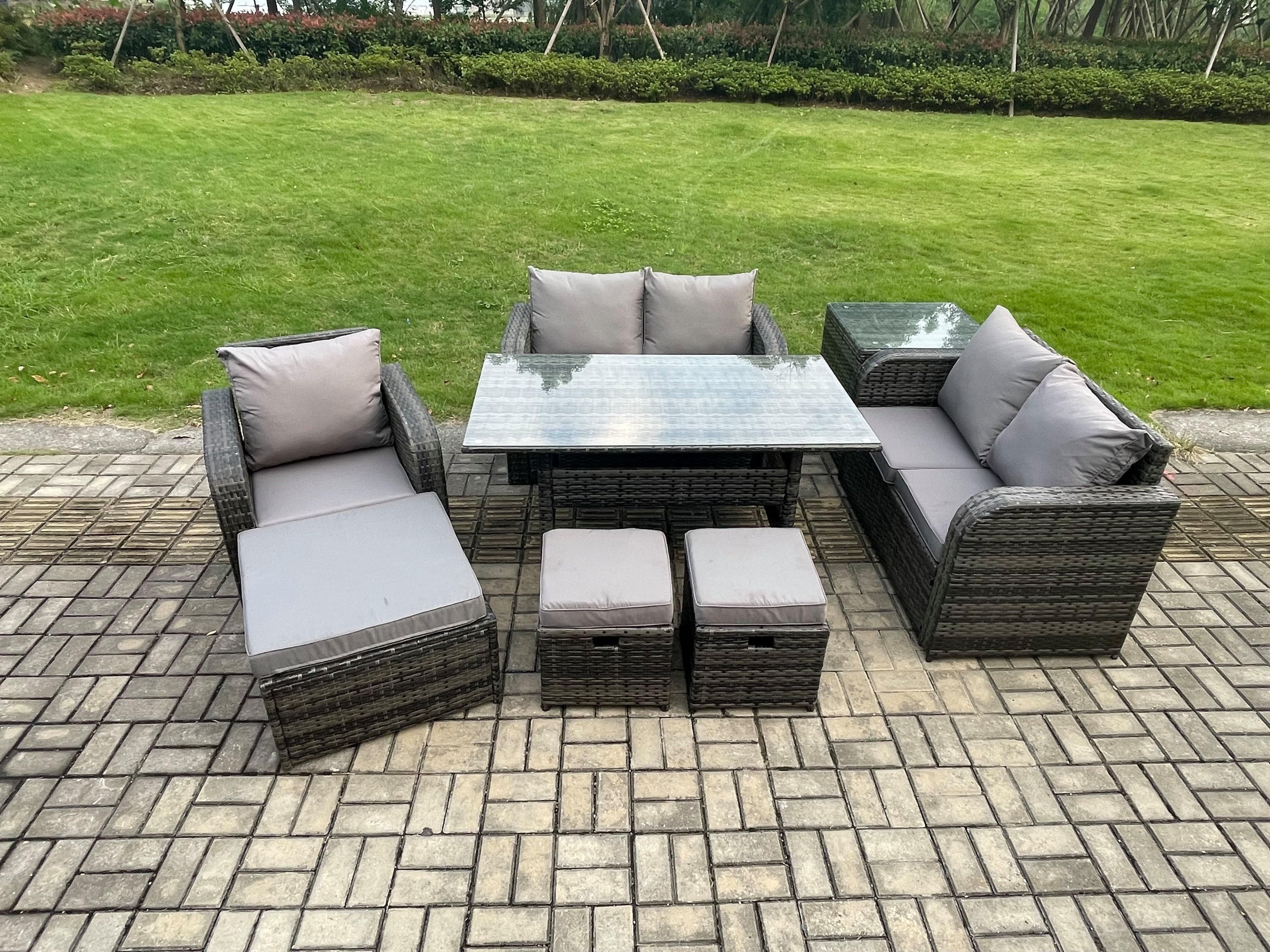 8 Seater Lounge Rattan Sofa Set Outdoor Garden Furniture Oblong Rectangular Dining Table Chairs 3 Footstools Side Table
