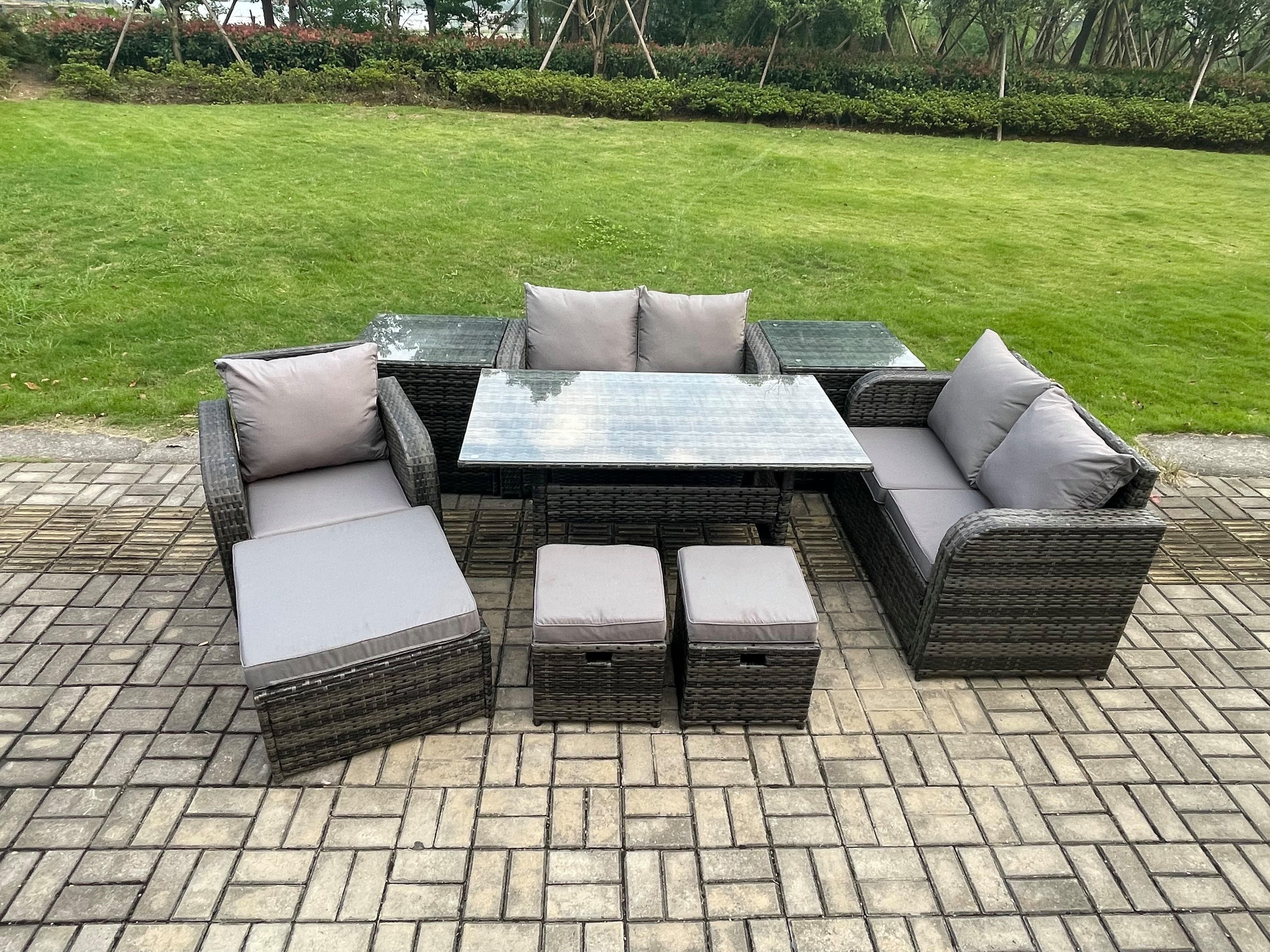 Lounge Rattan Sofa Set Outdoor Garden Furniture Oblong Rectangular Dining Table Chairs 3 Footstools 2 Side Tables 8 Seater