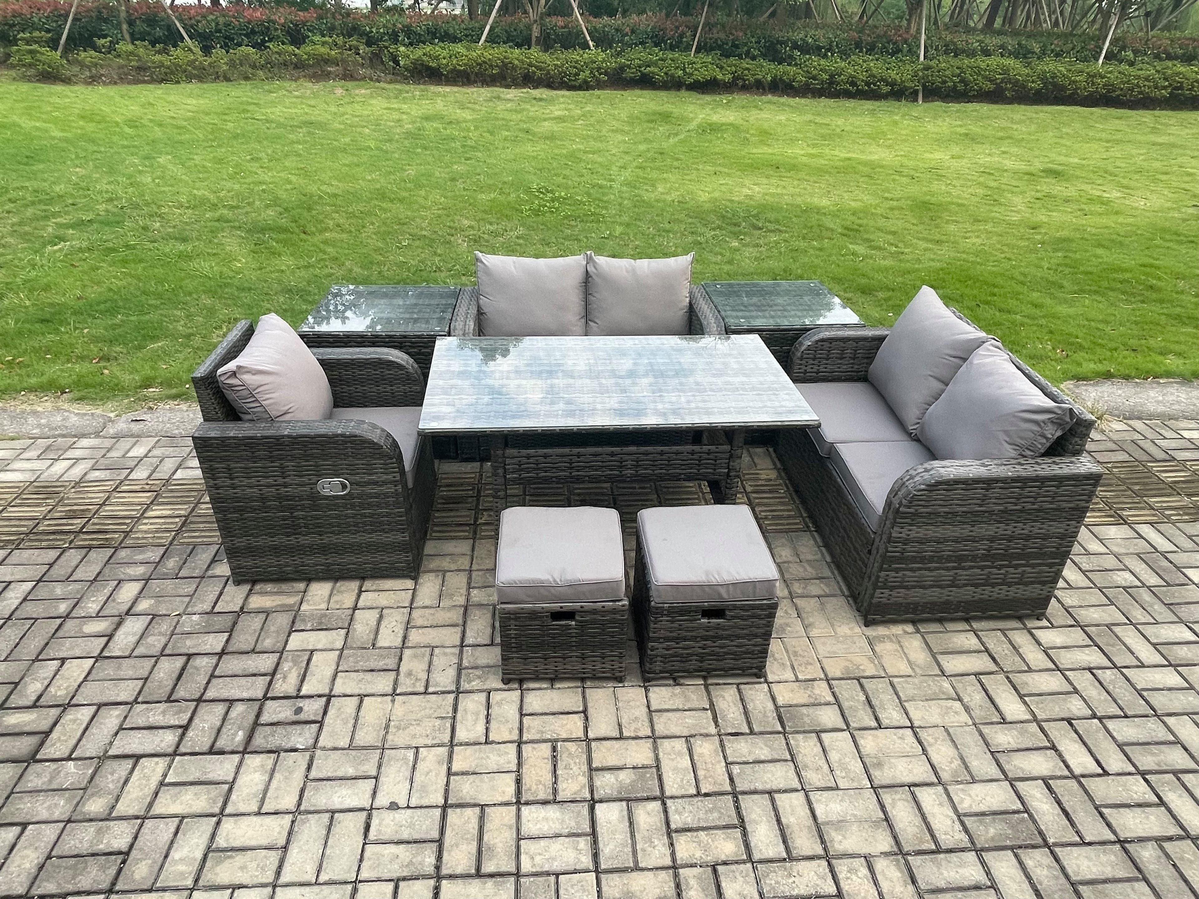 7 Seater Lounge Rattan Sofa Set Outdoor Garden Furniture Oblong Rectangular Dining Table Chairs 2 Small Footstools 2 Side Tables