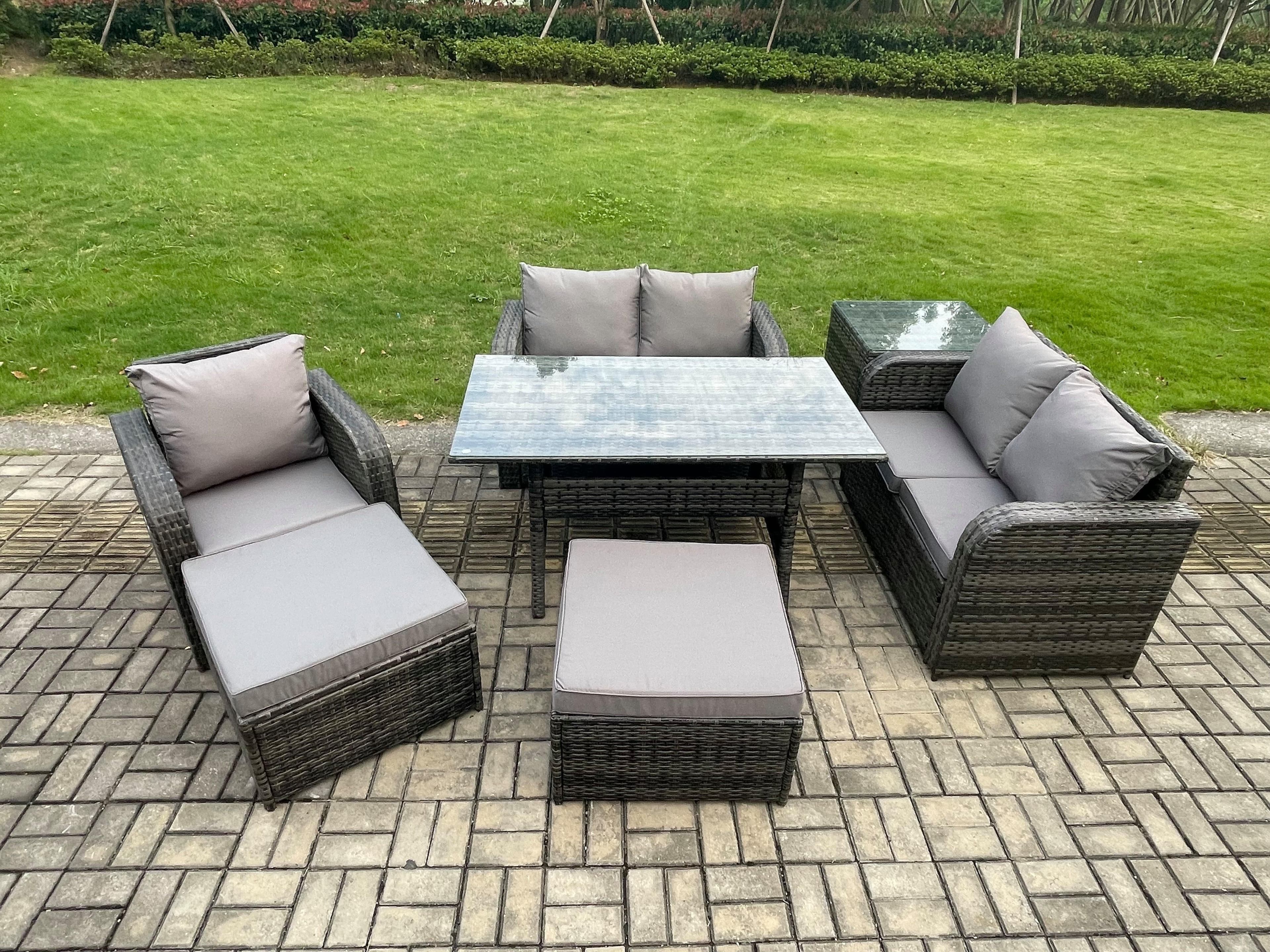 Lounge Rattan Sofa Set Outdoor Garden Furniture Oblong Rectangular Dining Table Chairs 2 Big Footstool Side Table 7 Seater