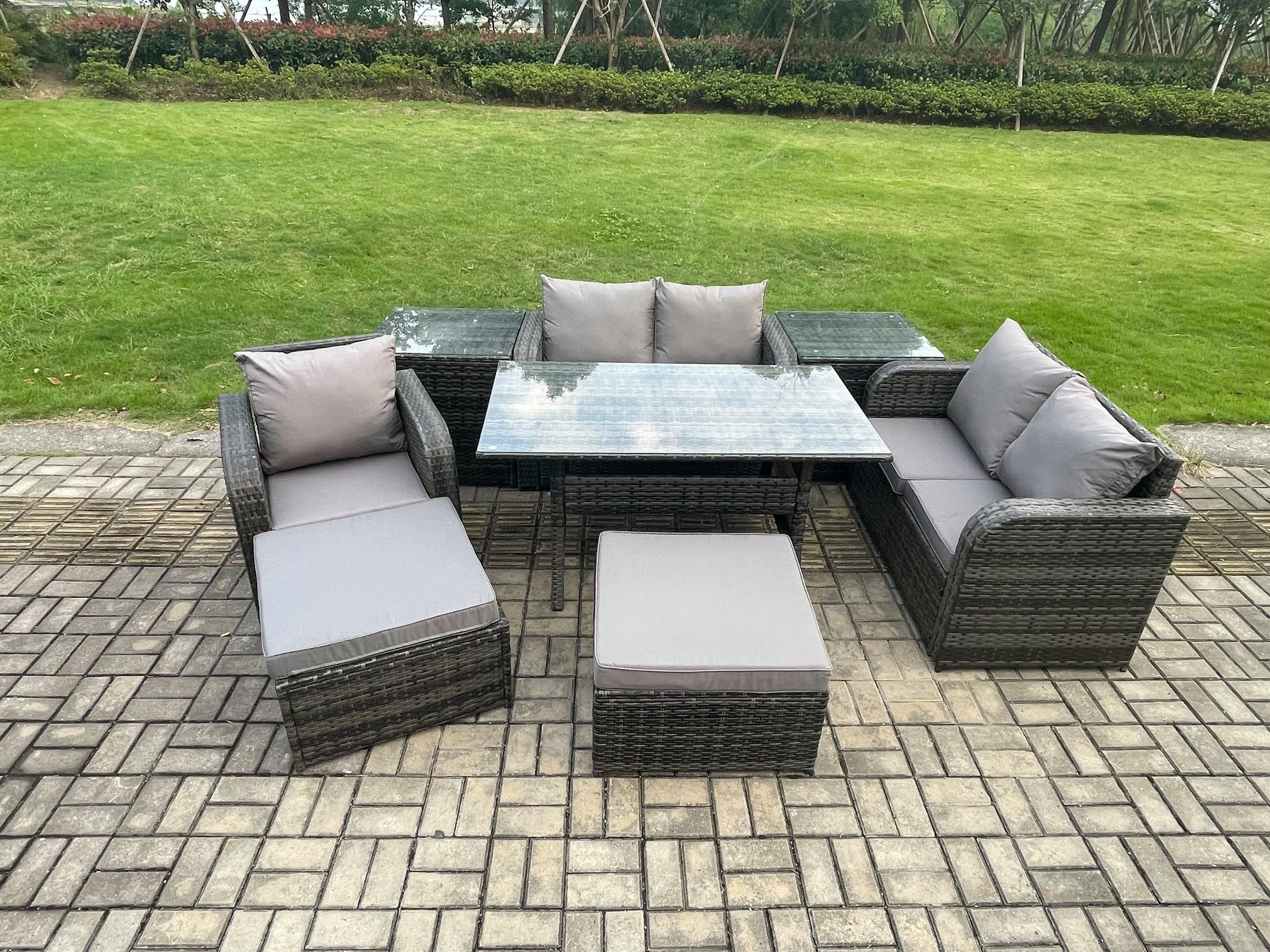 7 Seater Lounge Rattan Sofa Set Outdoor Garden Furniture Oblong Rectangular Dining Table Chairs 2 Big Footstool 2 Side Tables
