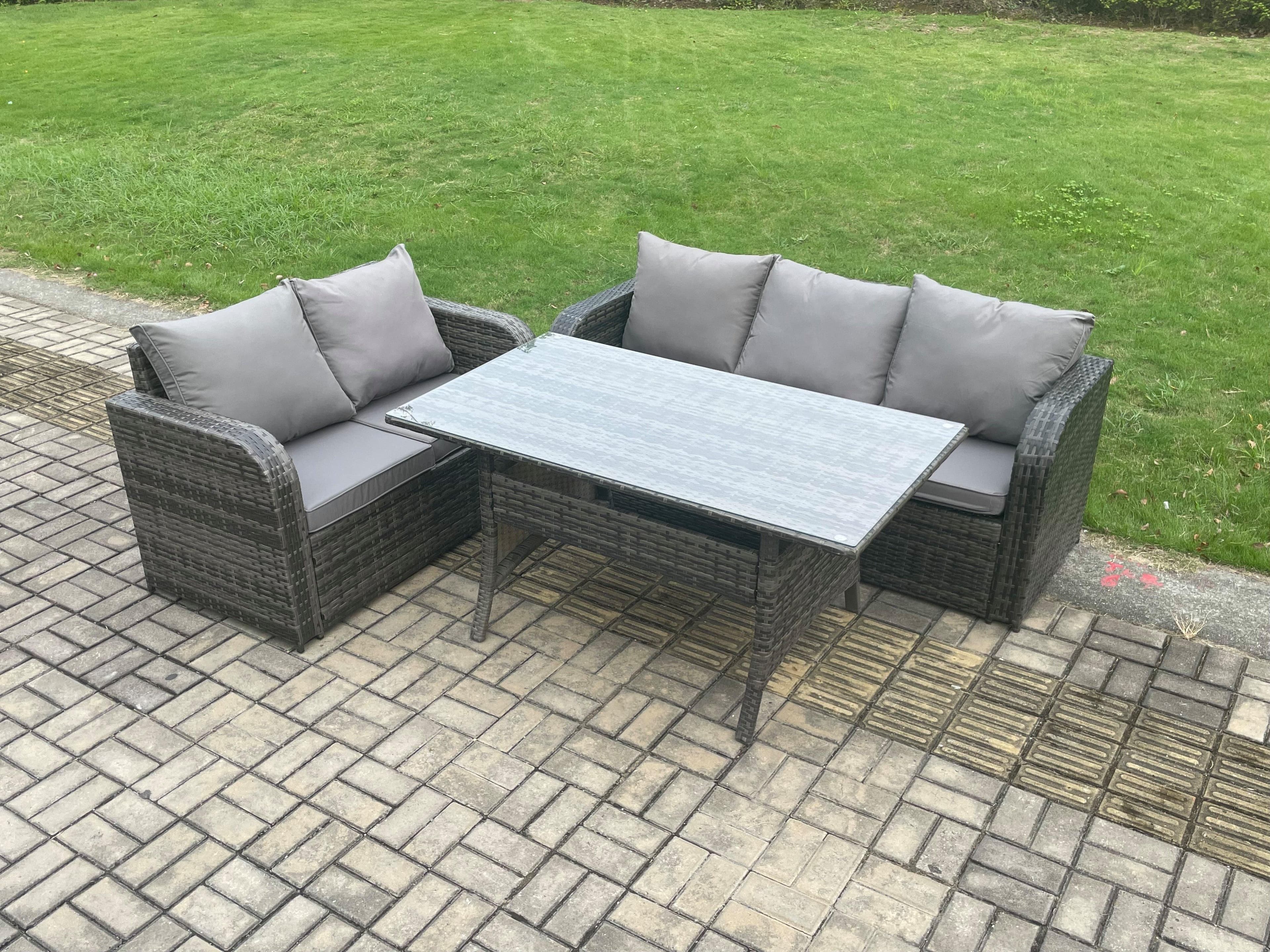 Outdoor Garden Patio Furniture Wicker Rattan Oblong Rectangular Dining Table Lounge Sofa set Dark Grey Mixed
