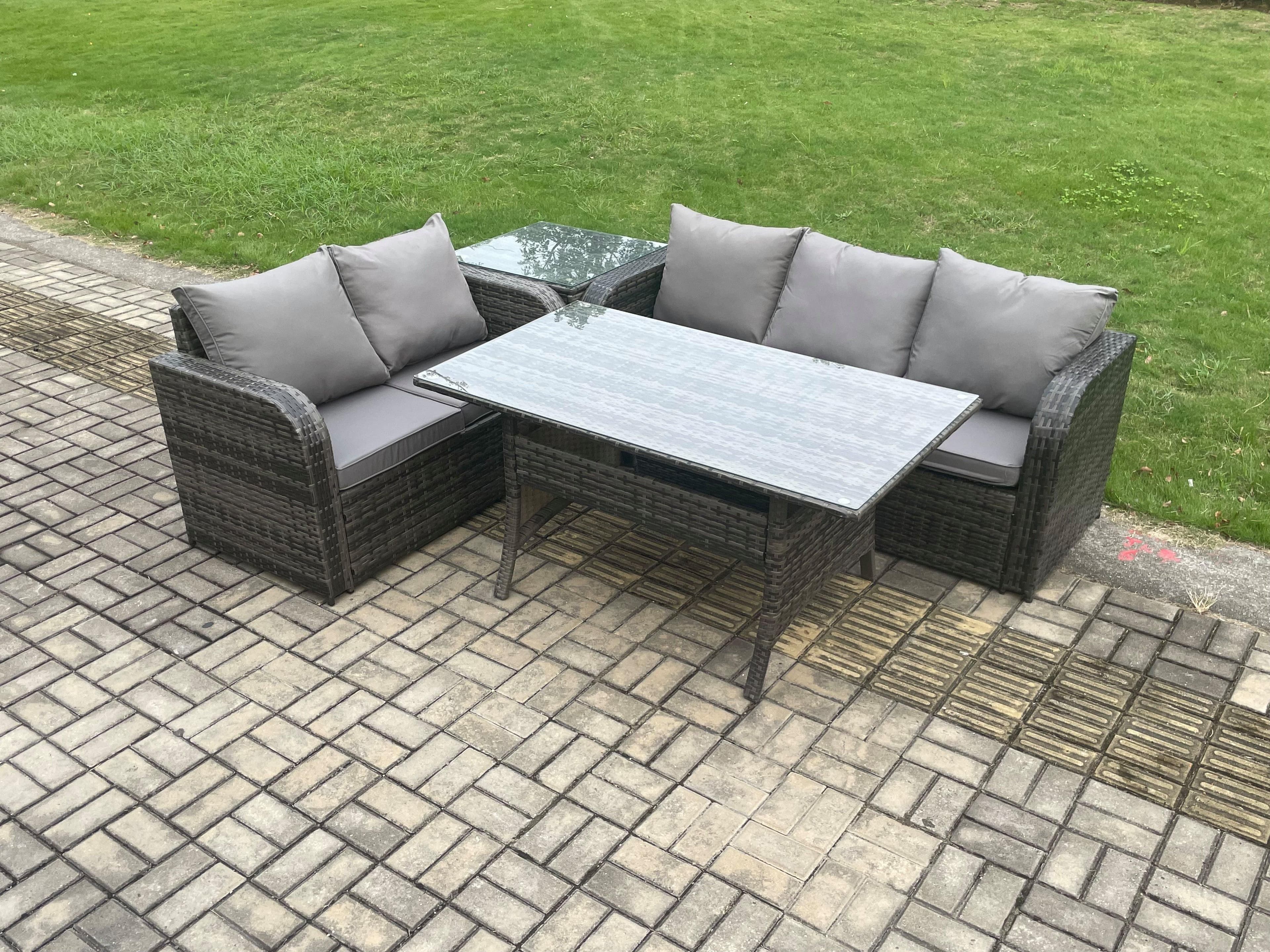 Outdoor Garden Patio Furniture Wicker Rattan Oblong Rectangular Dining Table Lounge Sofa set Side Table Dark Grey Mixed